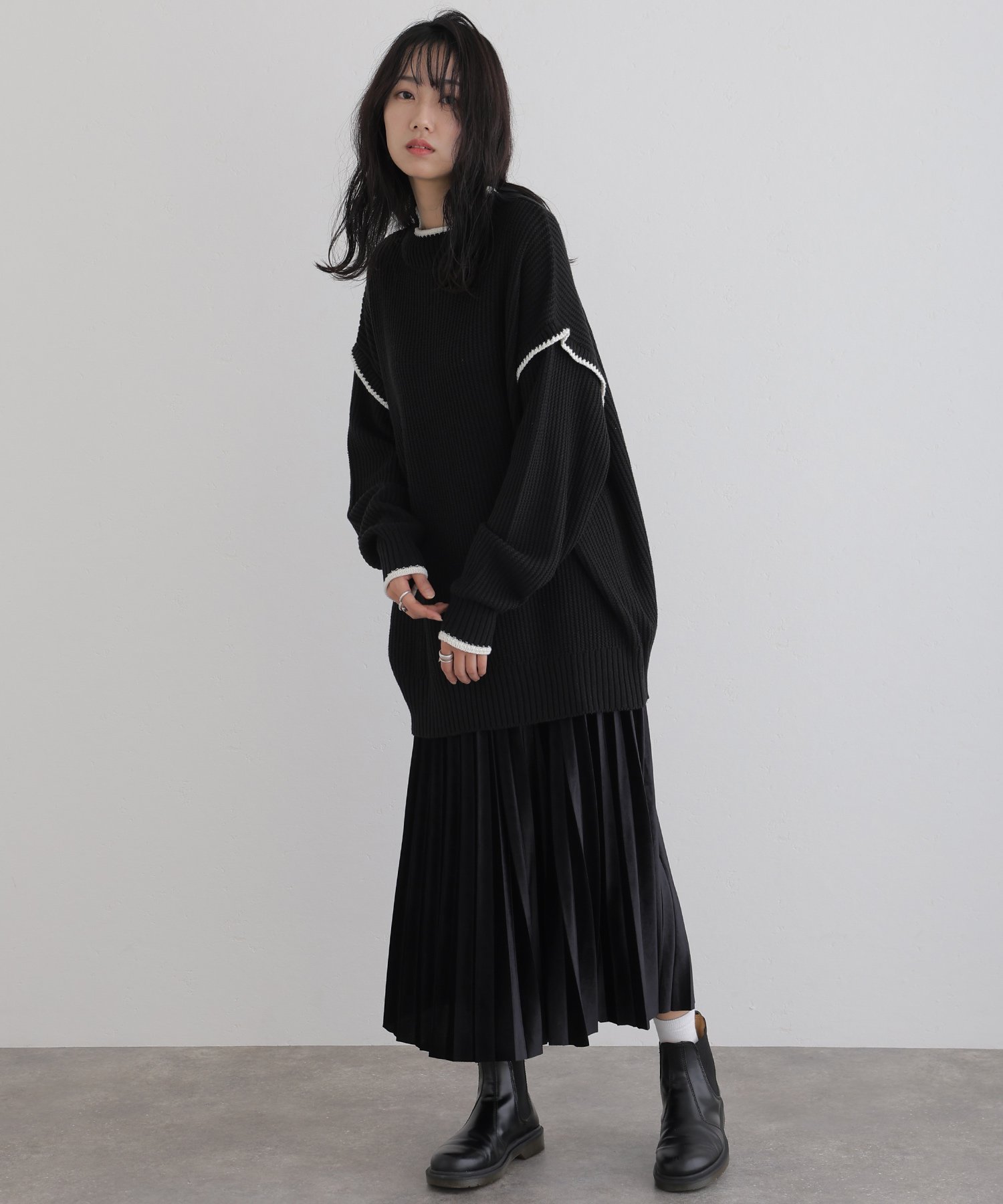 PourVous ハイネック ボリュームニット カットソーきれいめトップス 長袖ニット レディース プールヴー トップス ニット ブラック