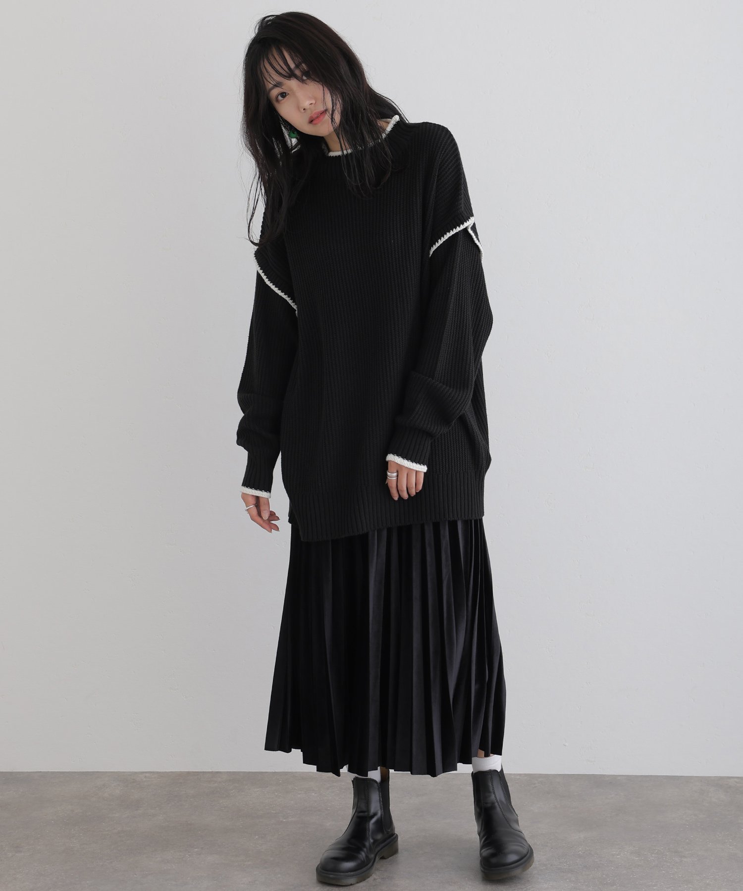 PourVous ハイネック ボリュームニット カットソーきれいめトップス 長袖ニット レディース プールヴー トップス ニット ブラック