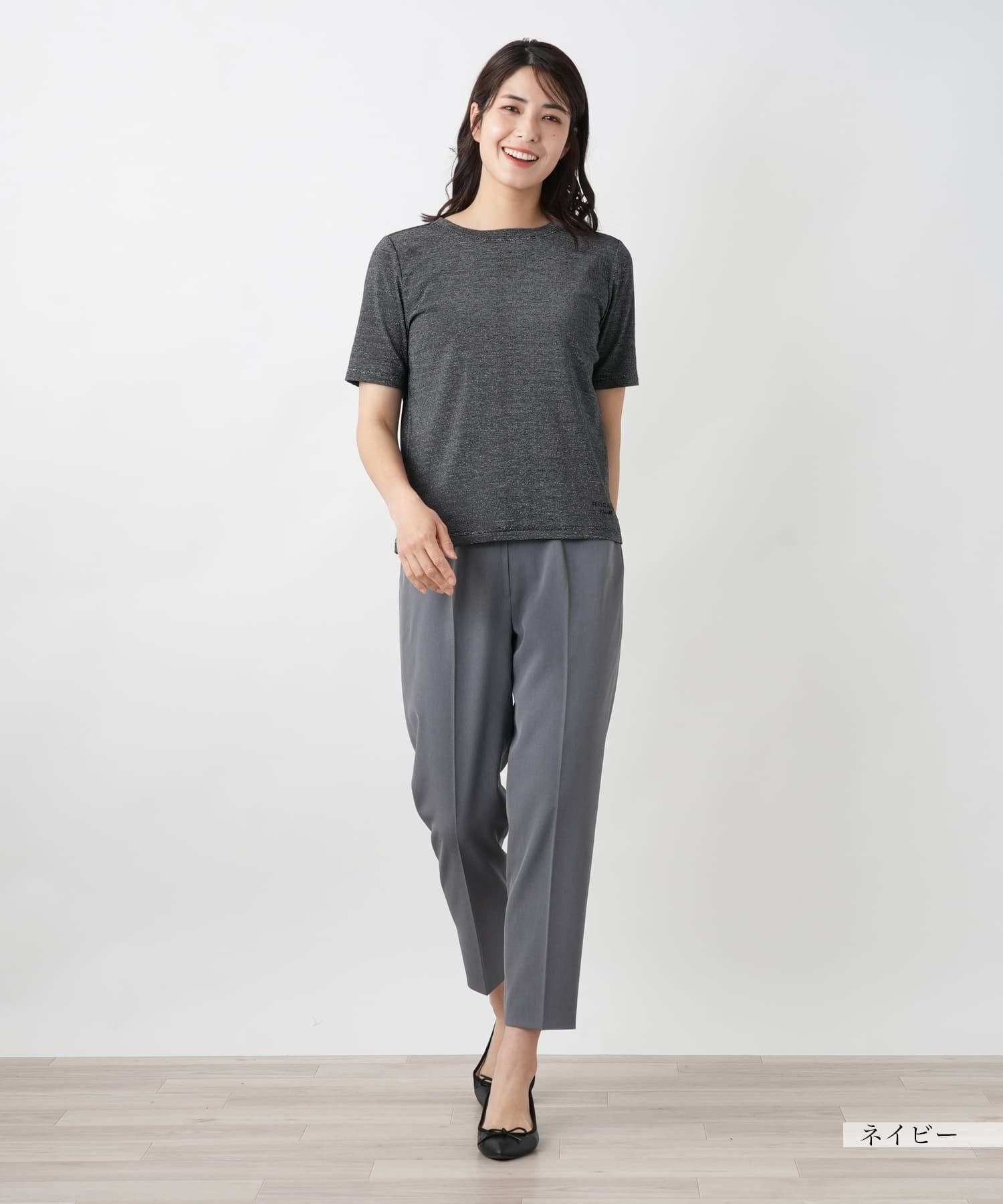 Leilian ラメクルーネックカットソー【ROCHAS Premiere】 レリアン トップス カットソー・Tシャツ ブラック ネイビー