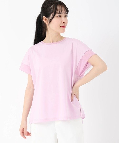 STRAWBERRY-FIELDS チュールコンビカットソー ストロベリーフィールズ トップス カットソー・Tシャツ ピンク グレー ホワイト
