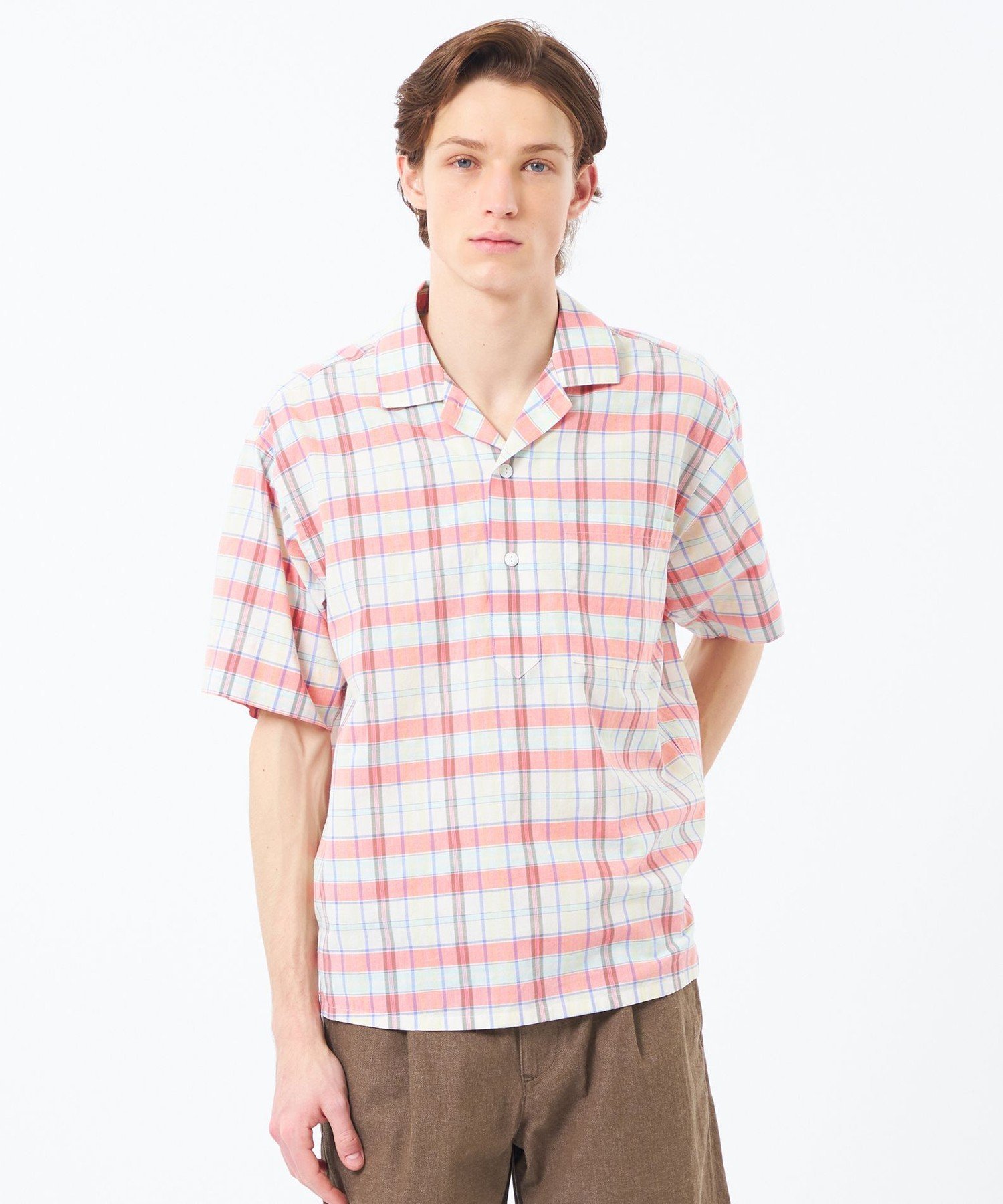 【WEEKENDER】プルオーバーオープンカラーシャツ シャンブレー/チェック マッキントッシュ フィロソフィー トップス シャツ・ブラウス ネイビー ピンク ブルー
