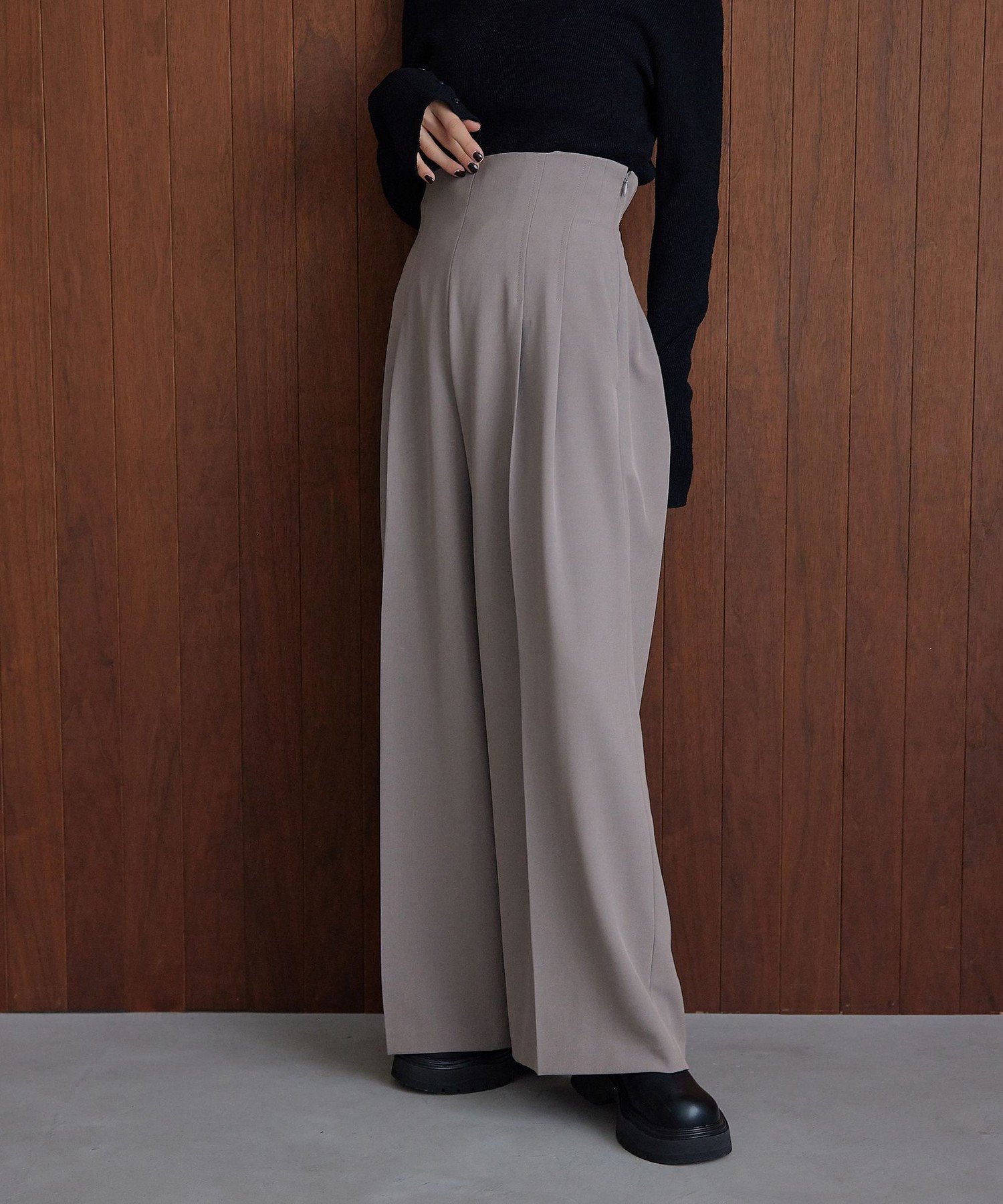 ＜EMMEL REFINES＞EM ハイウエスト ワイドパンツ ユナイテッドアローズ アウトレット パンツ その他のパンツ グレー ブラック
