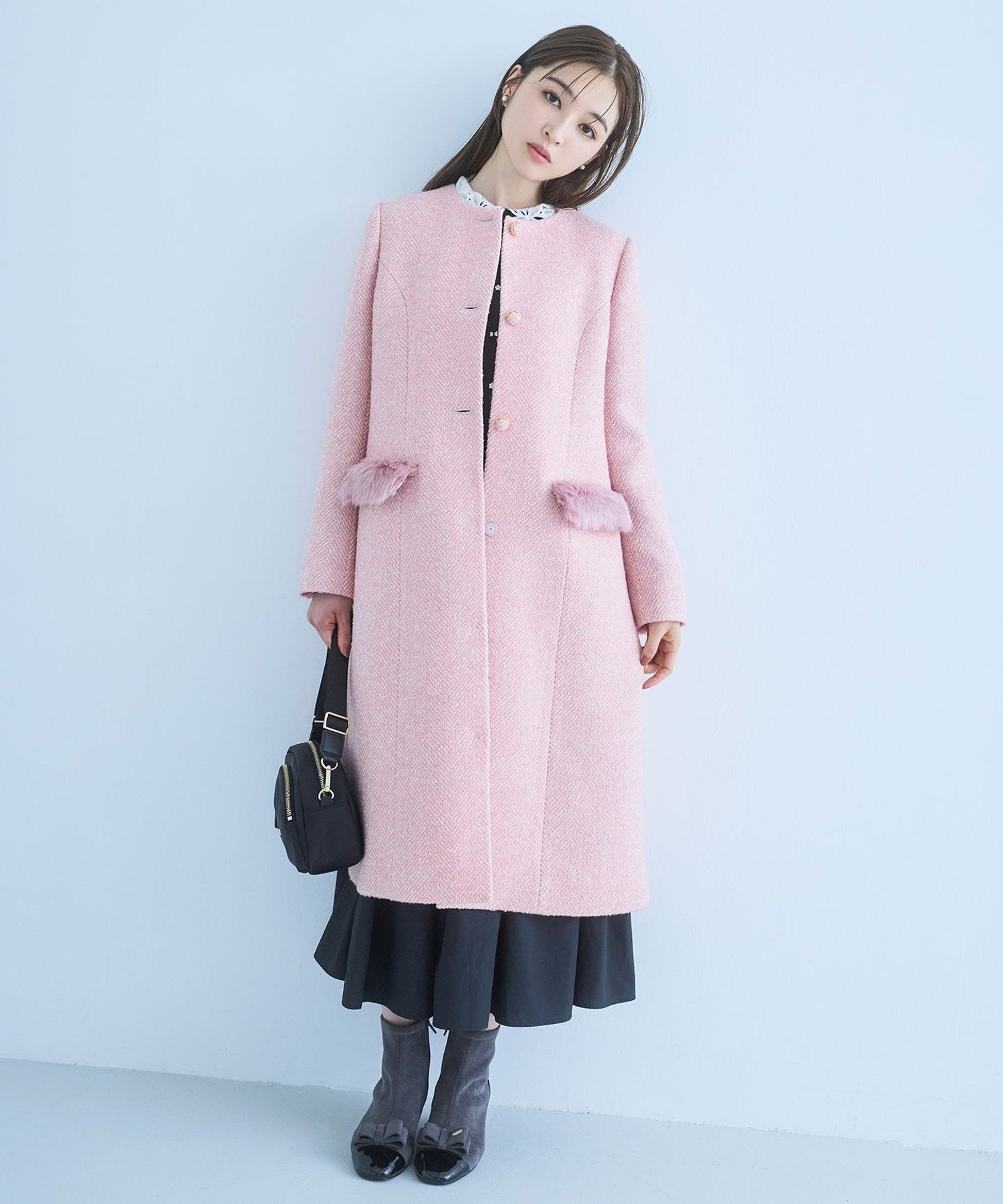 TOCCA 【消臭】SNOWBERRY POCKET TWEED コート トッカ ジャケット・アウター ノーカラージャケット ピンク ブラック
