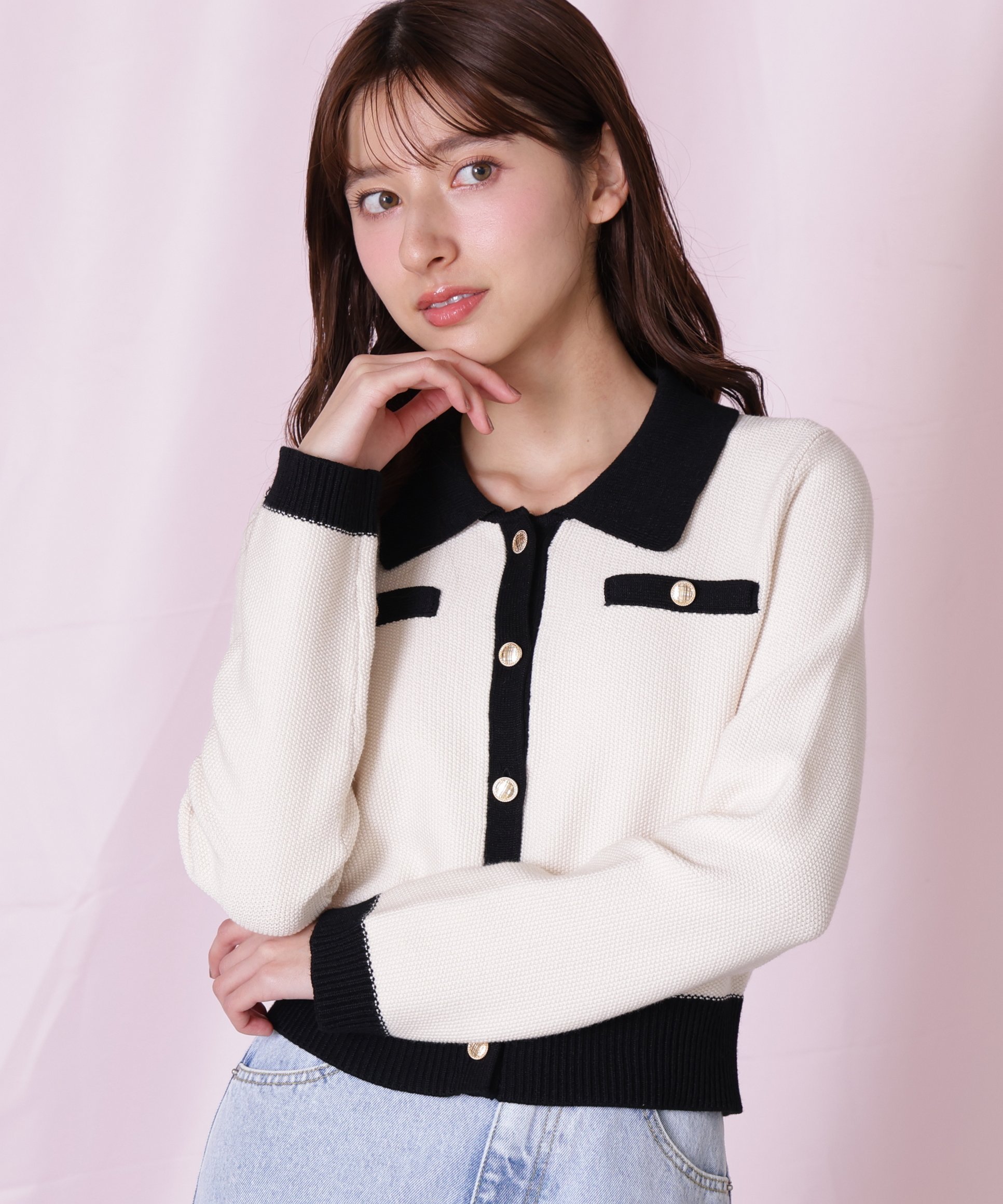JILL by JILL STUART バイカラー衿付きカーディガン ジル バイ ジル スチュアート トップス ニット ブラック ホワイト