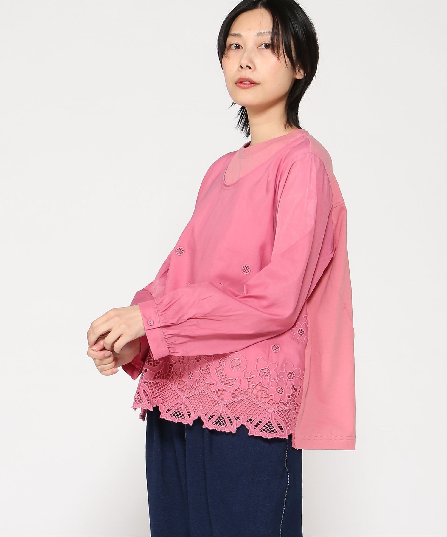 SUPER HAKKA レーヨンポリエステルローンカットワーク刺繍+天竺カットソー スーパーハッカ トップス カットソー・Tシャツ ベージュ ピンク ブラック