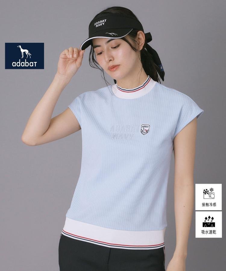 【ADABAT NAVY】吸水速乾/接触冷感 フレンチスリーブモックT アダバット トップス カットソー・Tシャツ ブルー ネイビー ホワイト