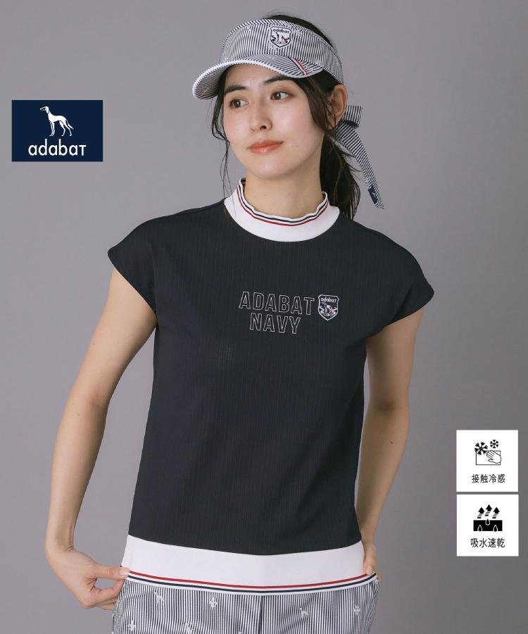 【ADABAT NAVY】吸水速乾/接触冷感 フレンチスリーブモックT アダバット トップス カットソー・Tシャツ ブルー ネイビー ホワイト