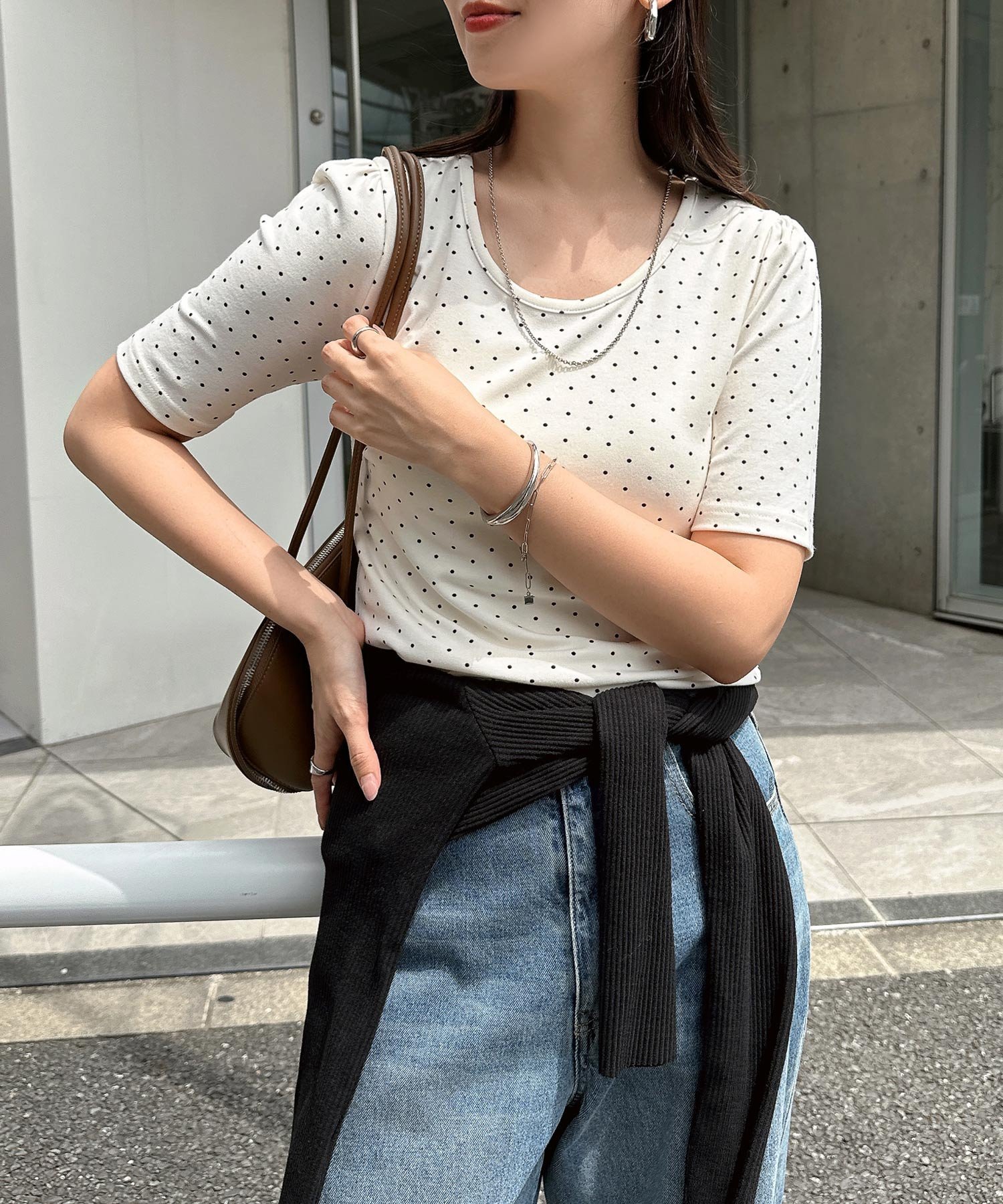 andme ドット柄 パフスリーブ 半袖 トップス アンドミー トップス カットソー・Tシャツ グレー ホワイト【送料無料】