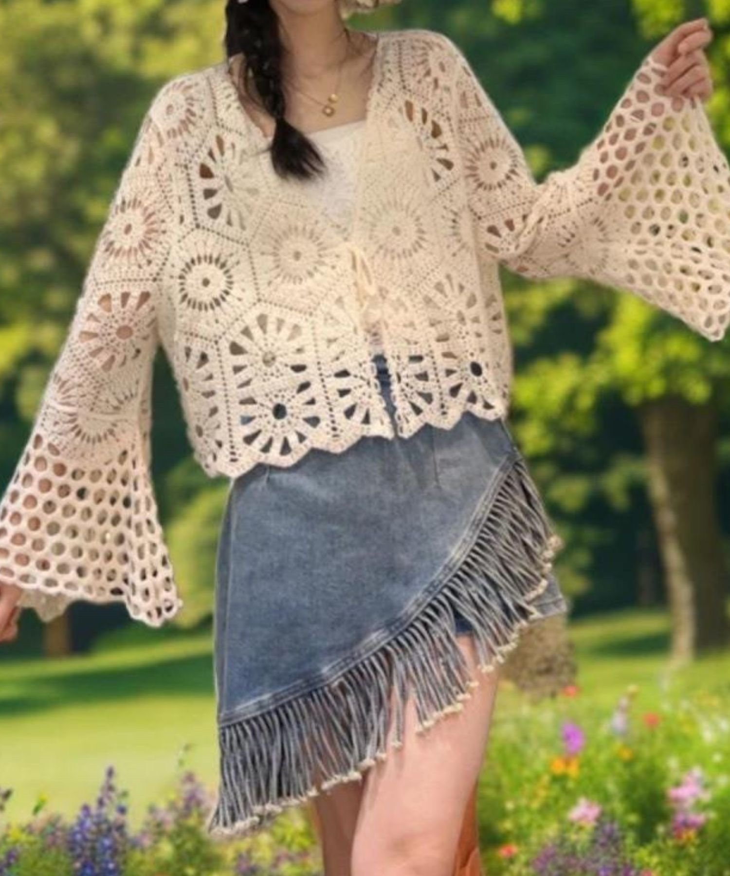 CADBURY ベルスリーブクロシェ編みカーデイガン スピーガ トップス カーディガン ホワイト ベージュ【送料無料】のサムネイル