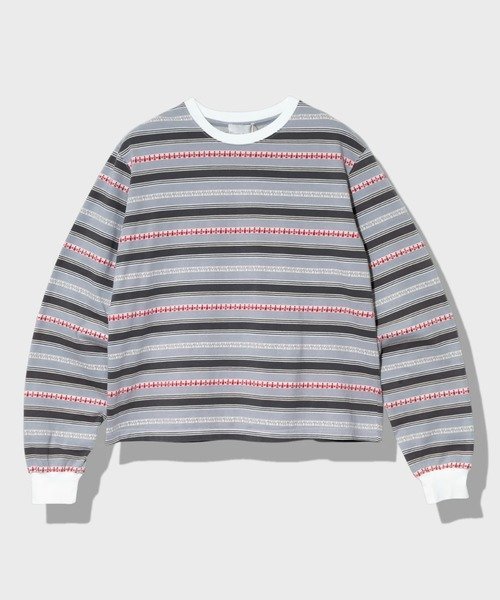GSC MENS SELECT Universal Style Wear/ユニバーサルスタイルウェア Ethnic border Tee (MENS) ゴースローキャラバン トップス カットソー・Tシャツ グレー パープル