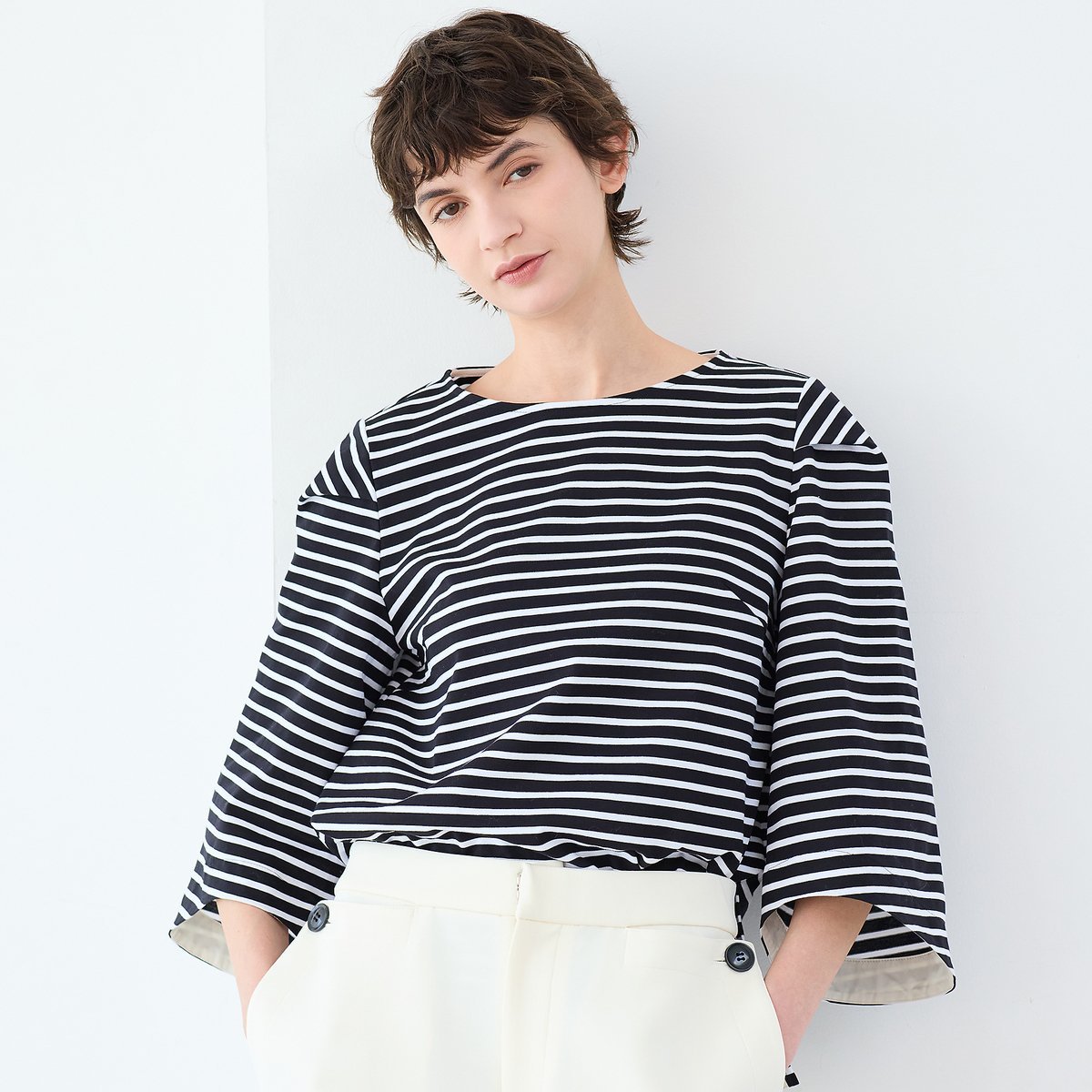 R-ISM 【洗える】タック袖コットンボーダーカットソー リズム トップス カットソー・Tシャツ ホワイト ブラック