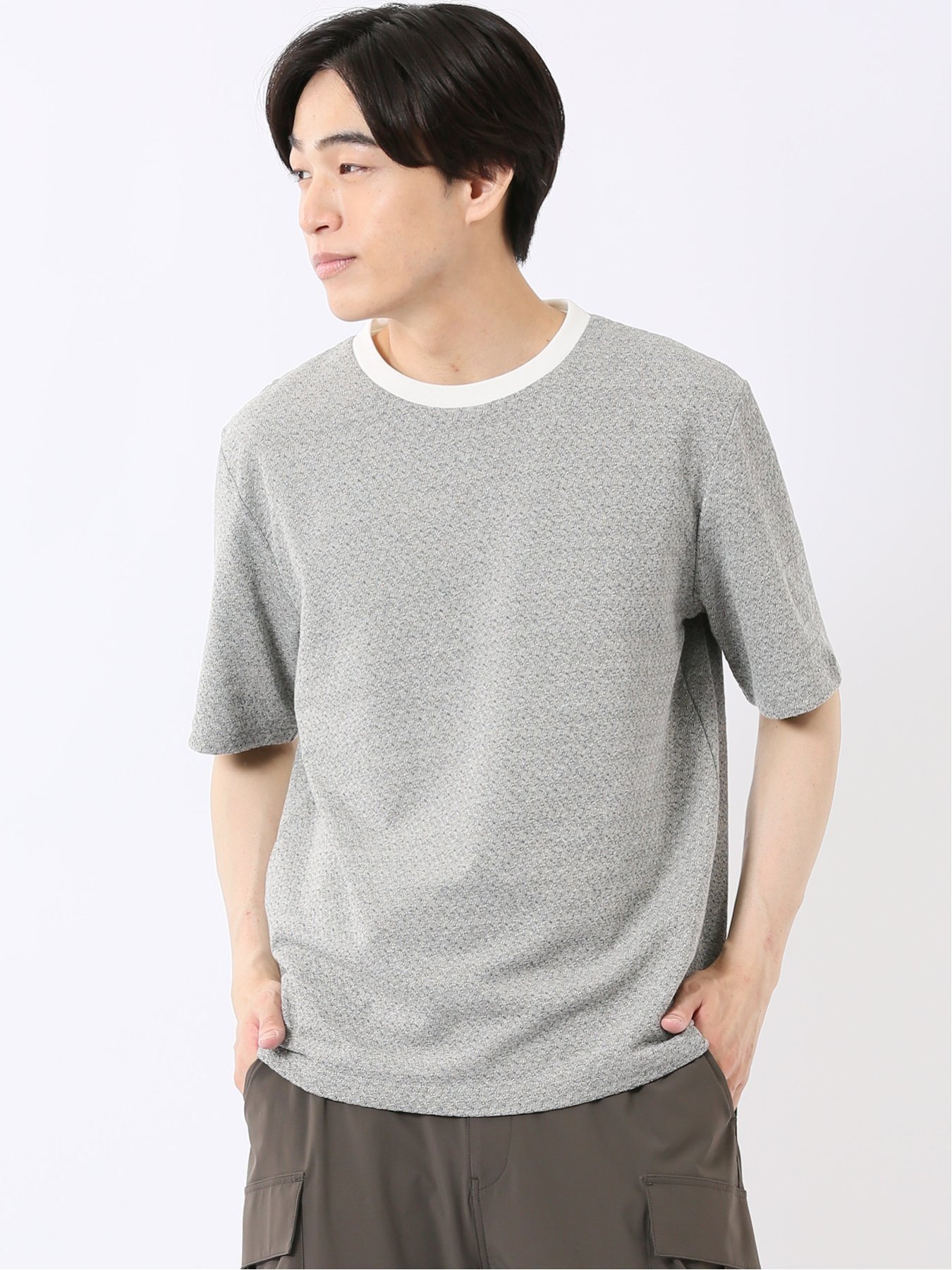 ストレッチ ブリスター 杢ジャガード 綿混 クルーネック 半袖 Tシャツ メンズ タカキュー トップス カットソー・Tシャツ ベージュ ブルー