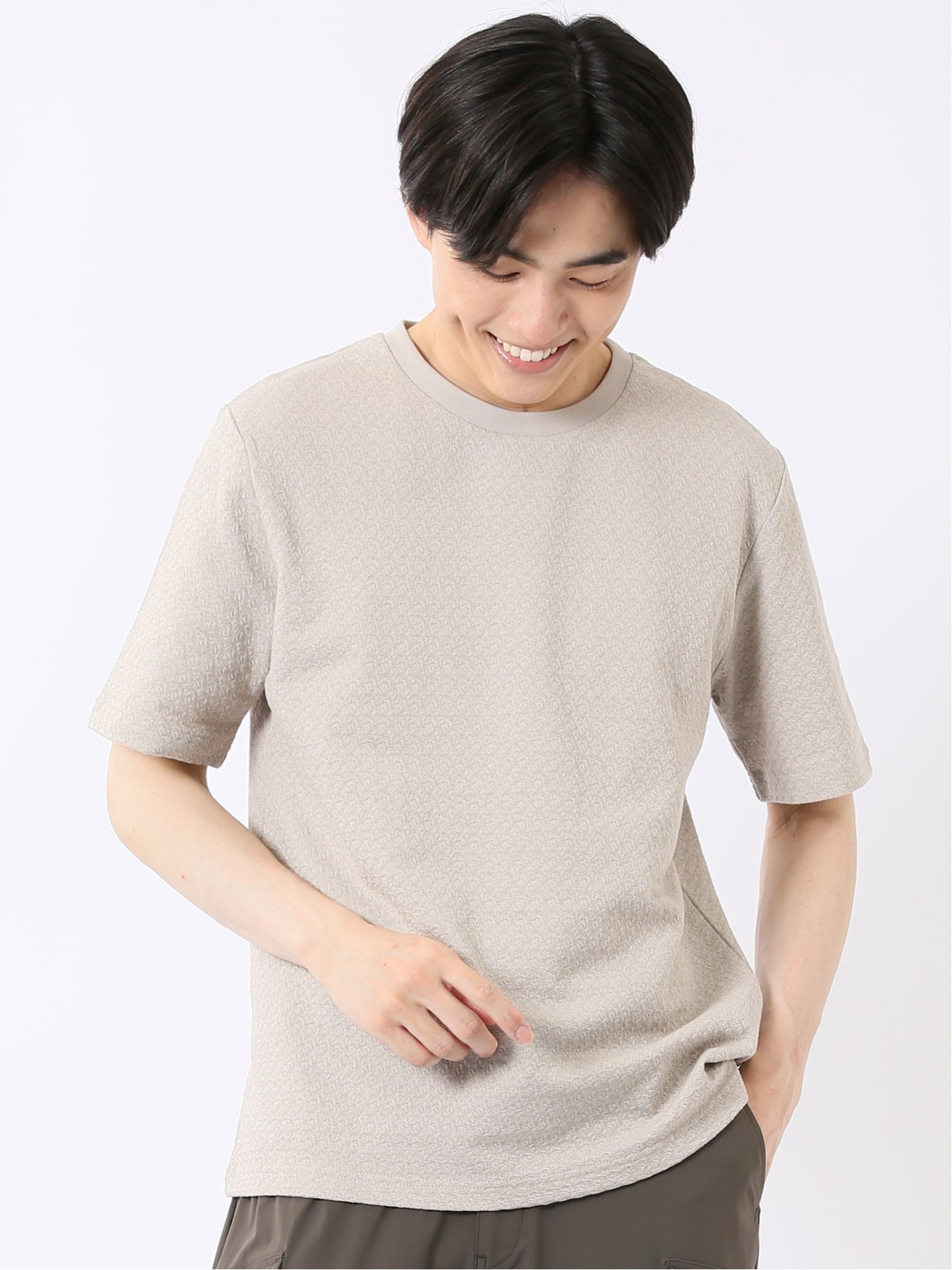 ストレッチ ブリスター 杢ジャガード 綿混 クルーネック 半袖 Tシャツ メンズ タカキュー トップス カットソー・Tシャツ ベージュ ブルー