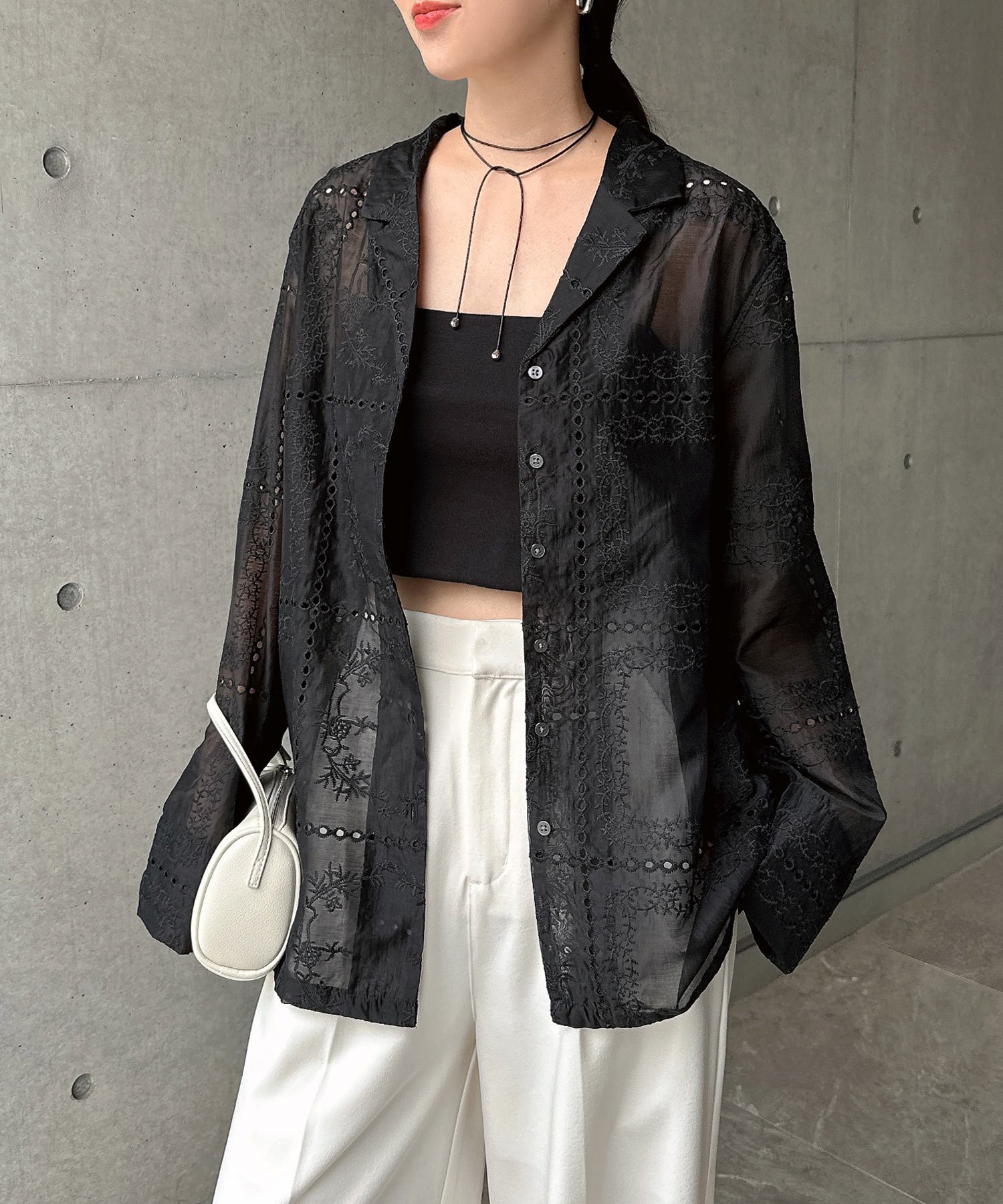 andme パッチワーク風 刺繍 シアー シャツ ジャケット アンドミー ジャケット・アウター その他のジャケット・アウター ブラック ホワイト ブラウン【送料無料】
