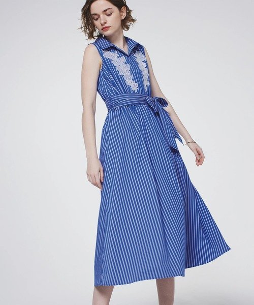 【SALE／30%OFF】STRAWBERRY-FIELDS フラワー刺繍ストライプワンピース ストロベリーフィールズ ワンピース・ドレス ワンピース ブルー ネイビー【送料無料】のサムネイル