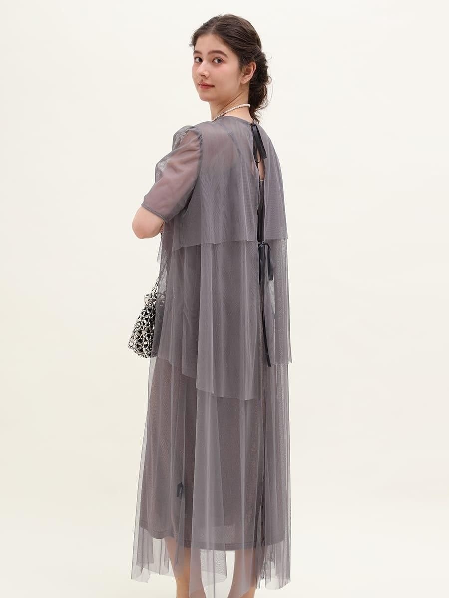 Petirobe バックリボンチュールティアードドレス ラシュッド ワンピース・ドレス ドレス グレー【送料無料】
