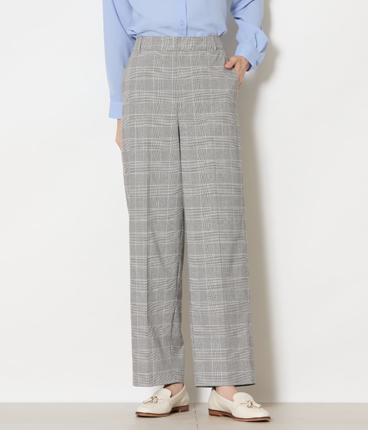 NEWYORKER WOMEN 【ウォッシャブル】綿麻カラードグレンチェック ストレートトラウザーパンツ ニューヨーカー パンツ スラックス・ドレスパンツ グレー