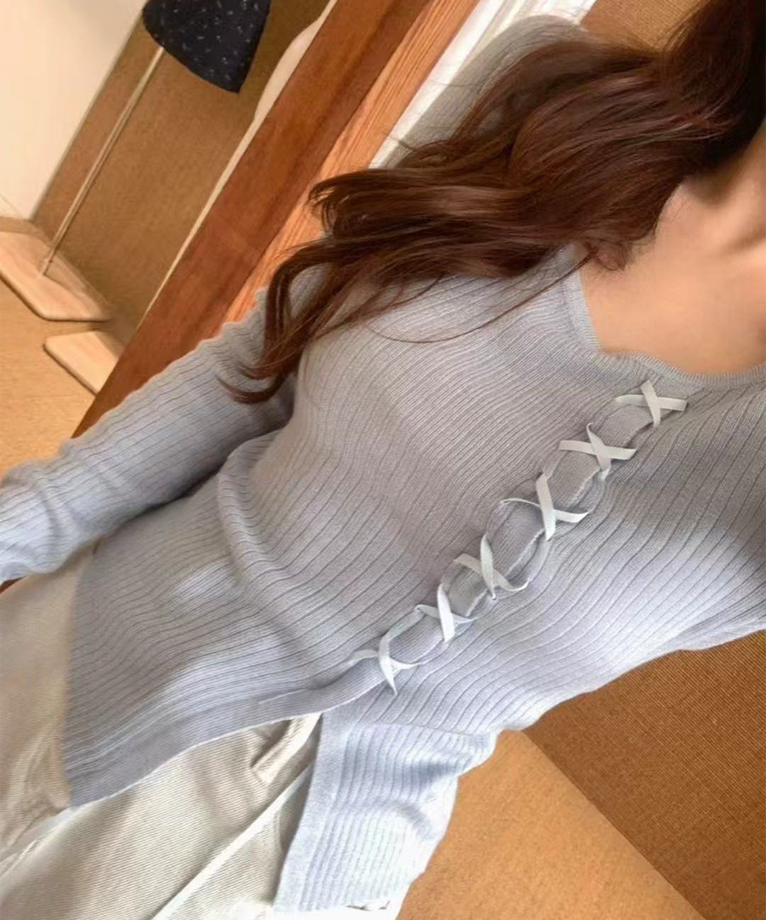 【SALE／20%OFF】Jasmine Grandiflorum 【Jasmine】レースアップニットプルオーバ チョーカー付き アイモハ トップス ニット ホワイト ブルー ピンク