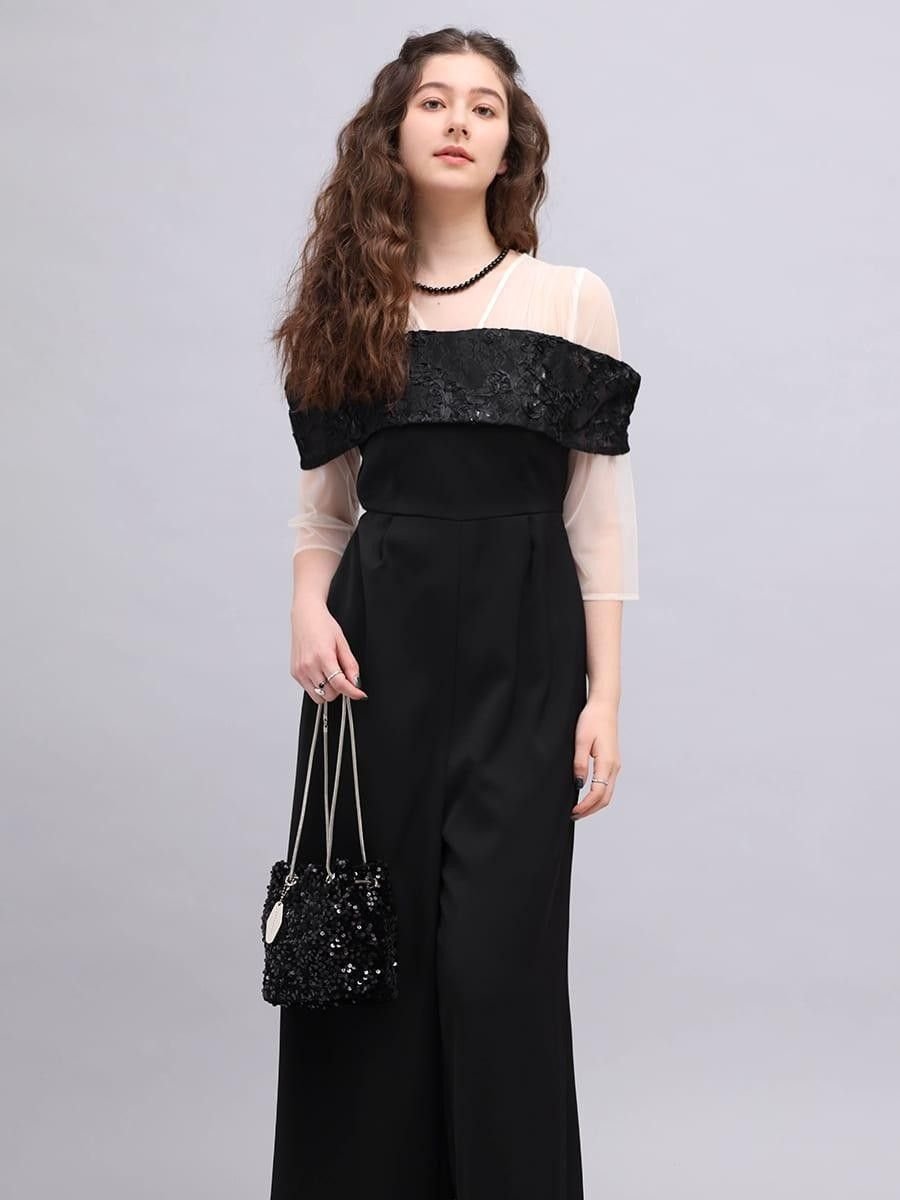 Petirobe チュールオフショルダーパンツドレス ラシュッド オールインワン・オーバーオール オールインワン・つなぎ【送料無料】