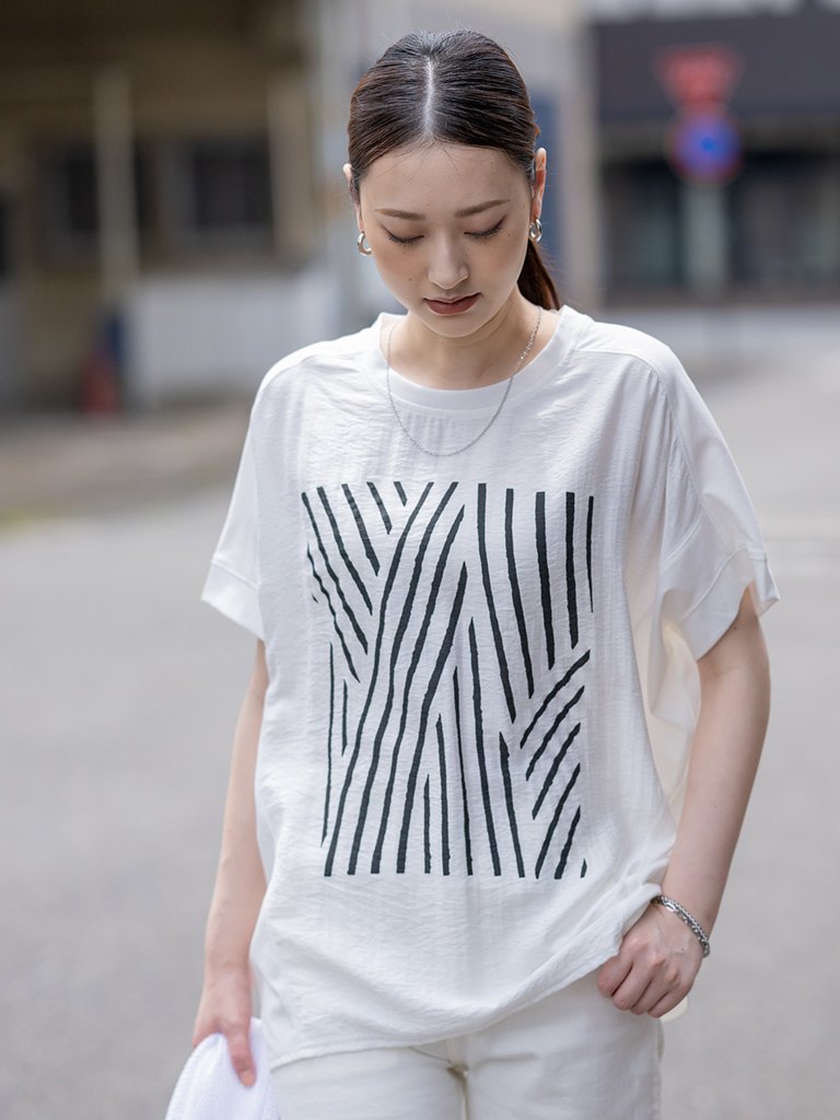 YEVS プリント切替チュニックTシャツ ゆったり 半袖 レディース イーブス トップス カットソー・Tシャツ ブラック ホワイト ブルー