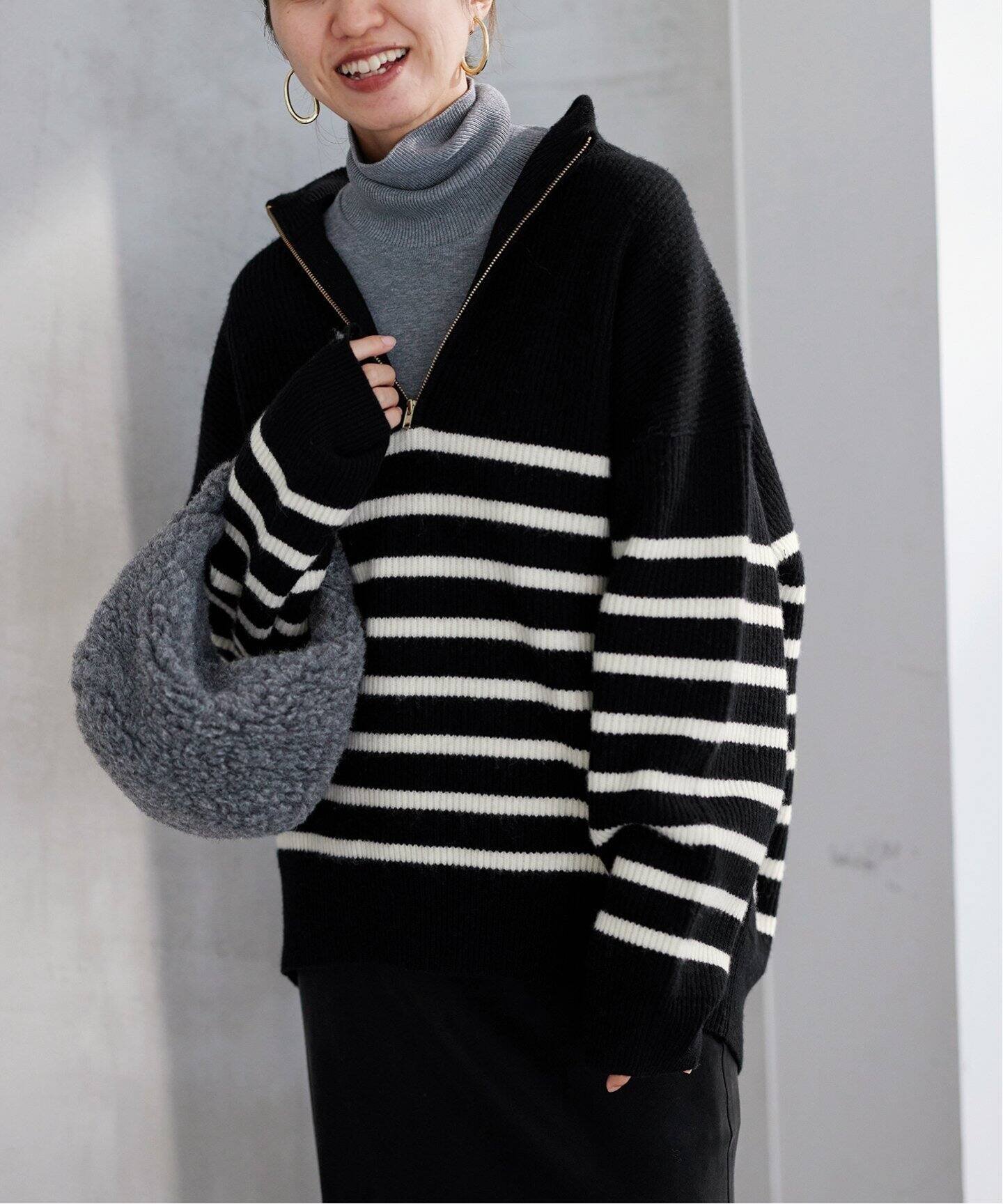 FRAMeWORK ≪予約≫畦ボーダーZIPUPプルオーバー フレームワーク トップス ニット ホワイト ブラック【送料無料】のサムネイル