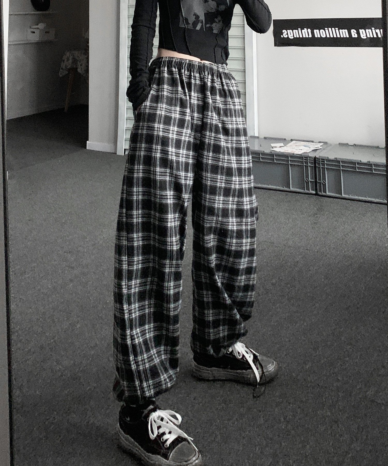 ハイウエスト チェックパンツ ワイド ストレート Y2K ストリート メンズ レディース デバイス パンツ その他のパンツ ブラック
