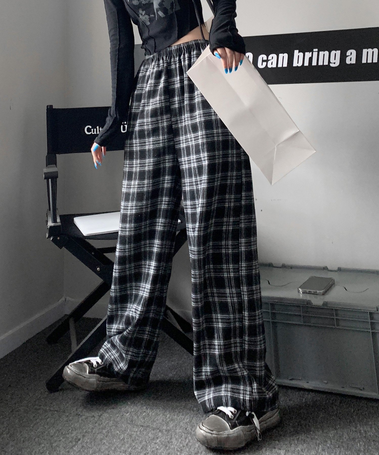 ハイウエスト チェックパンツ ワイド ストレート Y2K ストリート メンズ レディース デバイス パンツ その他のパンツ ブラック
