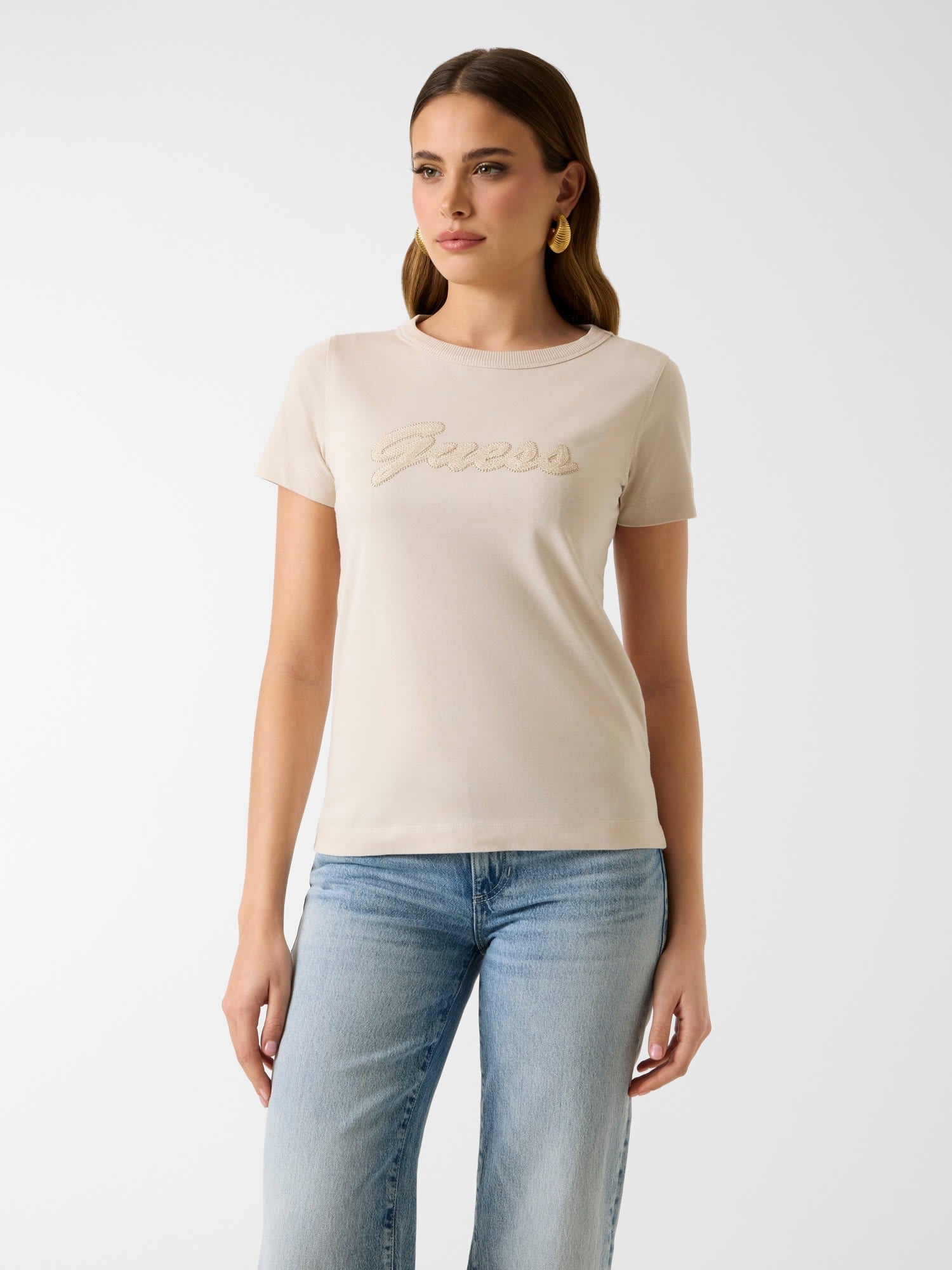 GUESS/(W)3D GUESS Script Tee カットソー Tシャツ ロゴTシャツ ゲス トップス カットソー・Tシャツ ベージュ ブラック
