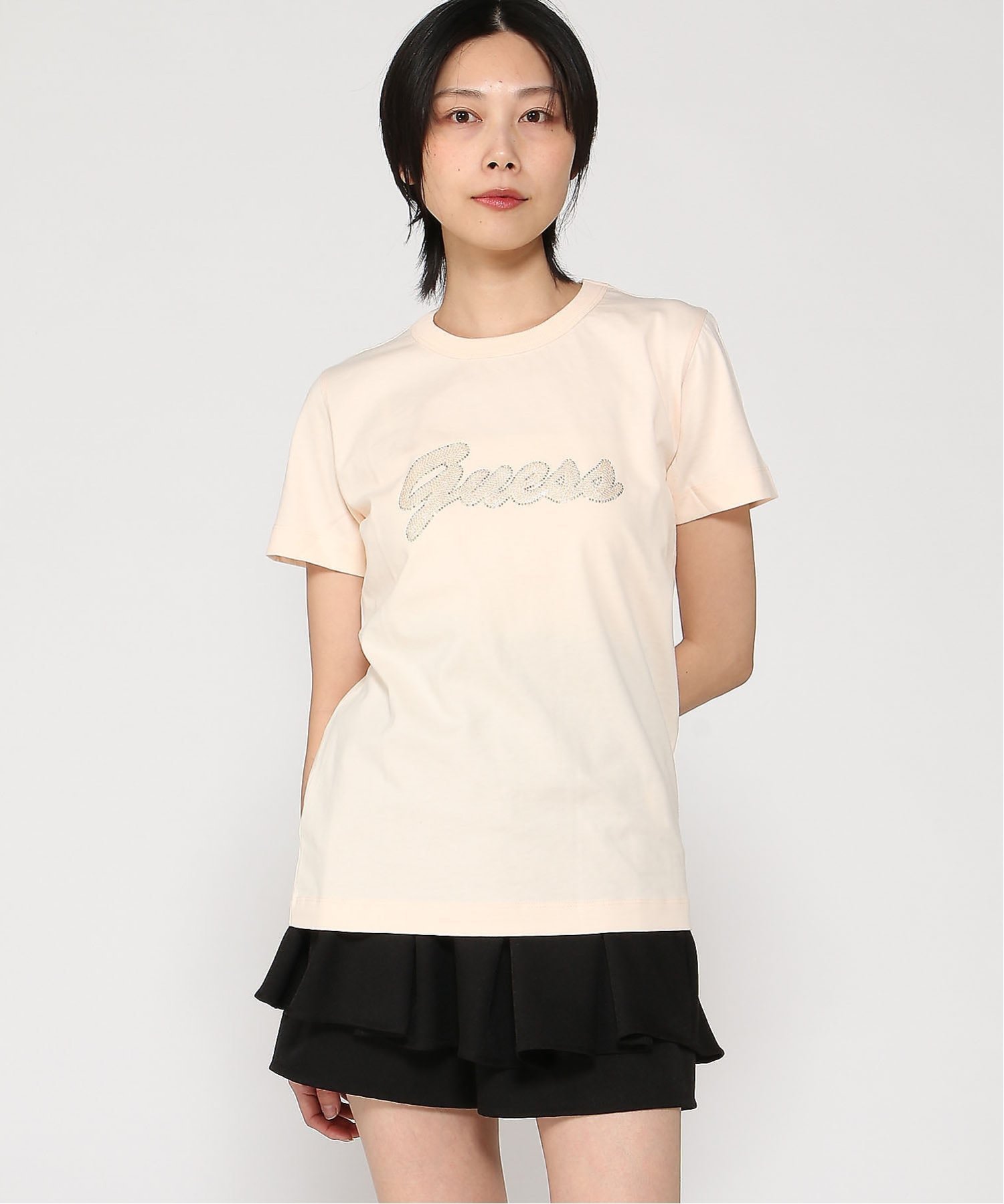 GUESS/(W)3D GUESS Script Tee カットソー Tシャツ ロゴTシャツ ゲス トップス カットソー・Tシャツ ベージュ ブラック