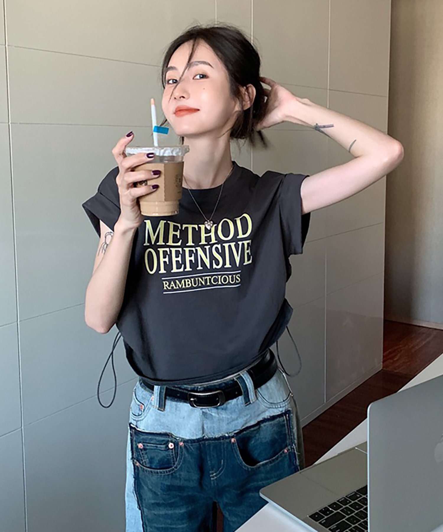 DEVICE select Y2K クロップド ショート丈 ドロースト ヴィンテージライク 半袖Tシャツ レディース デバイス トップス カットソー・Tシャツ グレー ホワイト
