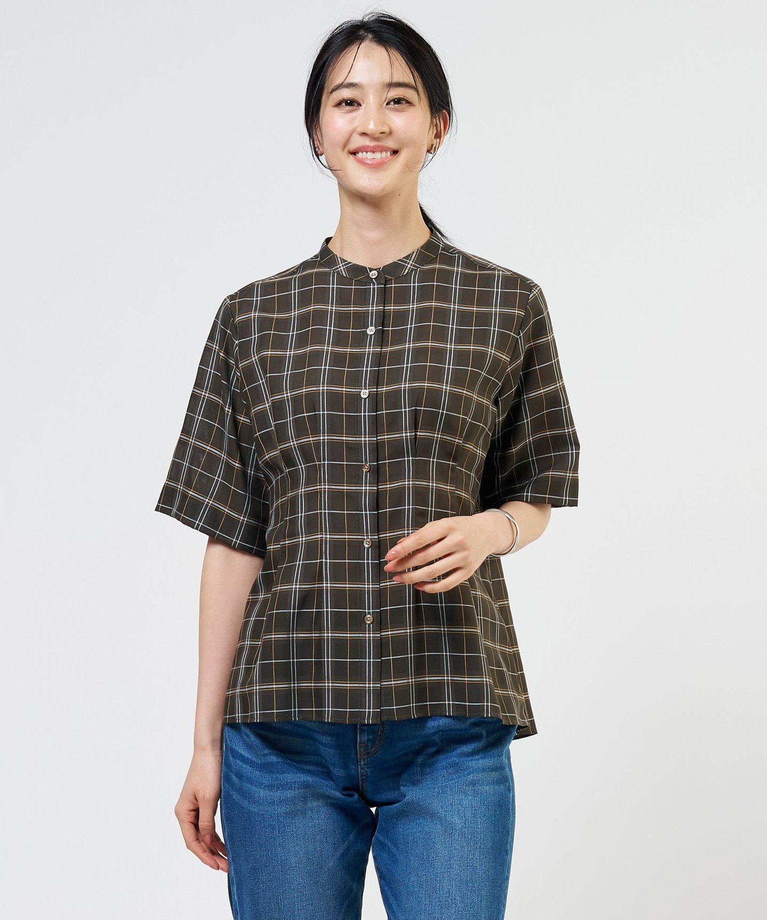 J.PRESS LADIES L 【一枚で着映え】キュプラチェック バンドカラー ブラウス ジェイプレス トップス シャツ・ブラウス ブラウン ホワイト ネイビー