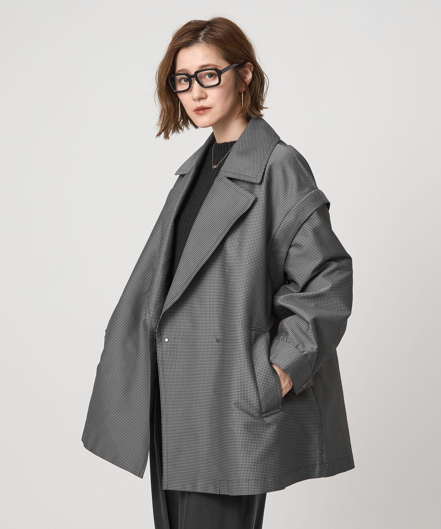 ＜conte＞ チェック ミリタリー 2WAY ショートコート ユナイテッドアローズ アウトレット ジャケット・アウター トレンチコート ブラック