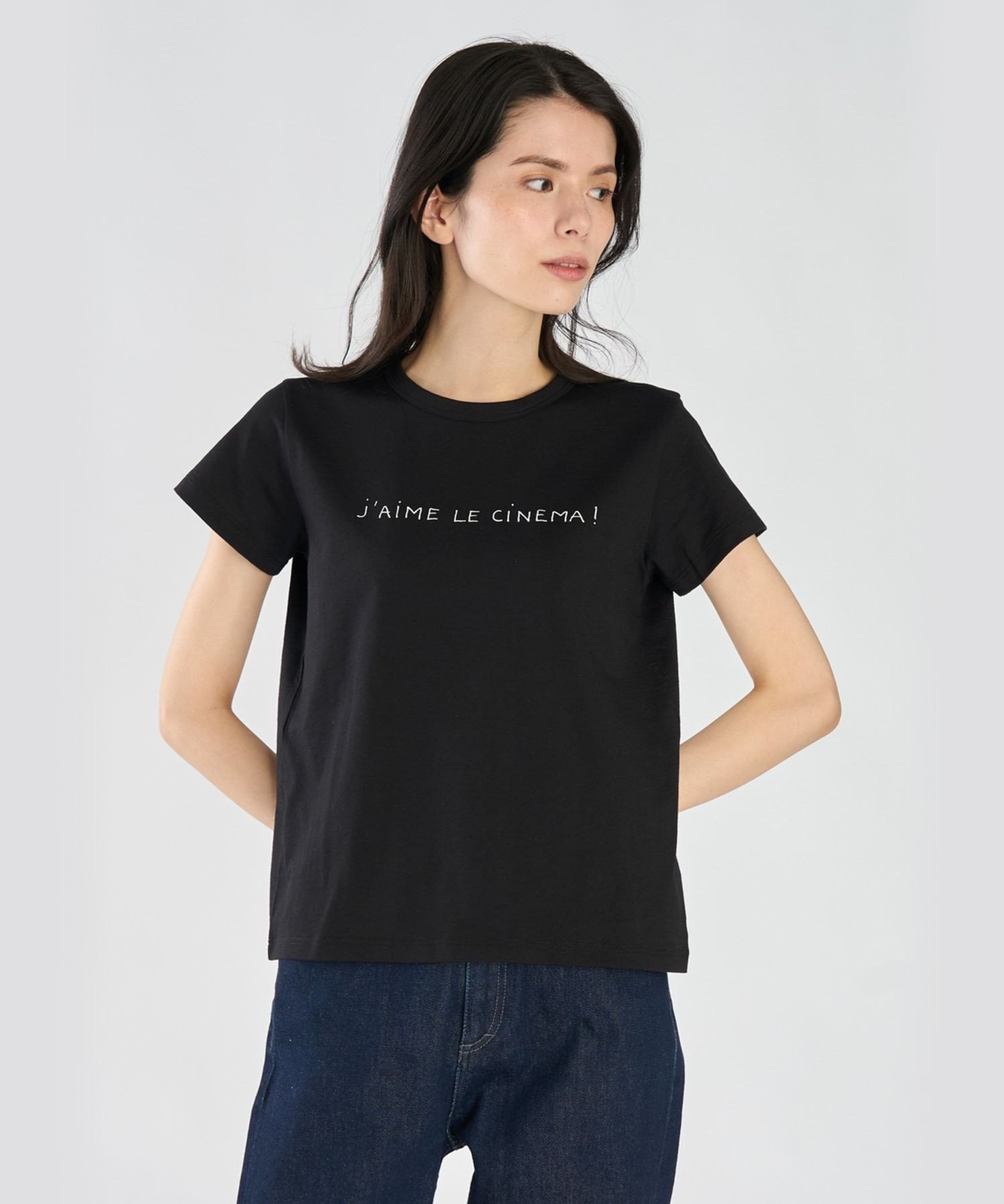 メッセージ プリント コットン 半袖 Tシャツ "J'aime le cinema!" アニエスベー トップス カットソー・Tシャツ ブラック