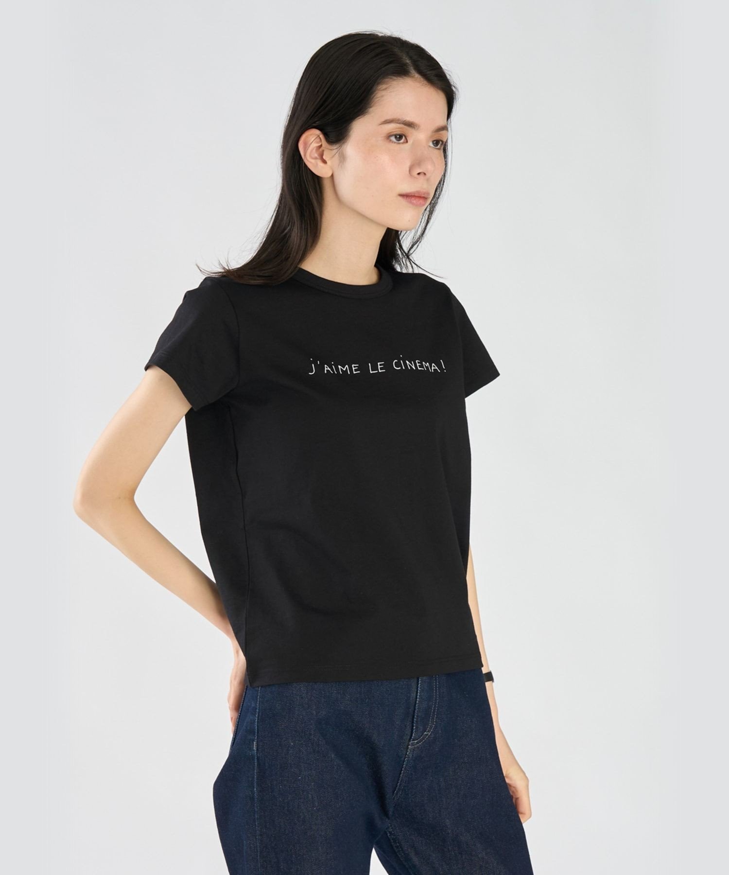 メッセージ プリント コットン 半袖 Tシャツ "J'aime le cinema!" アニエスベー トップス カットソー・Tシャツ ブラック