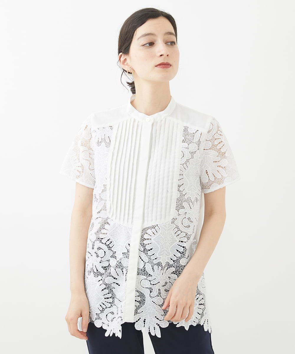 HIROKO BIS（小さいサイズ） 【小さいサイズ】ケミカルレースジョイントデザインブラウス メゾンドゥサンク トップス シャツ・ブラウス ホワイト ブラック