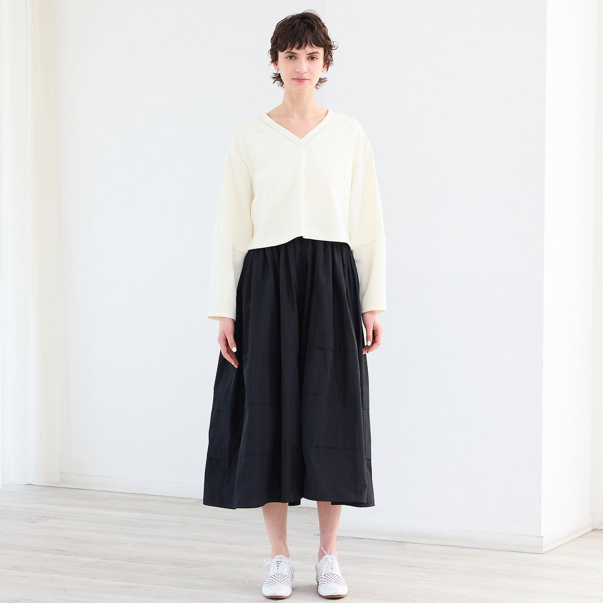 R-ISM 【洗える】ニット*タフタコンビワンピース リズム ワンピース・ドレス ワンピース ブラック ホワイト