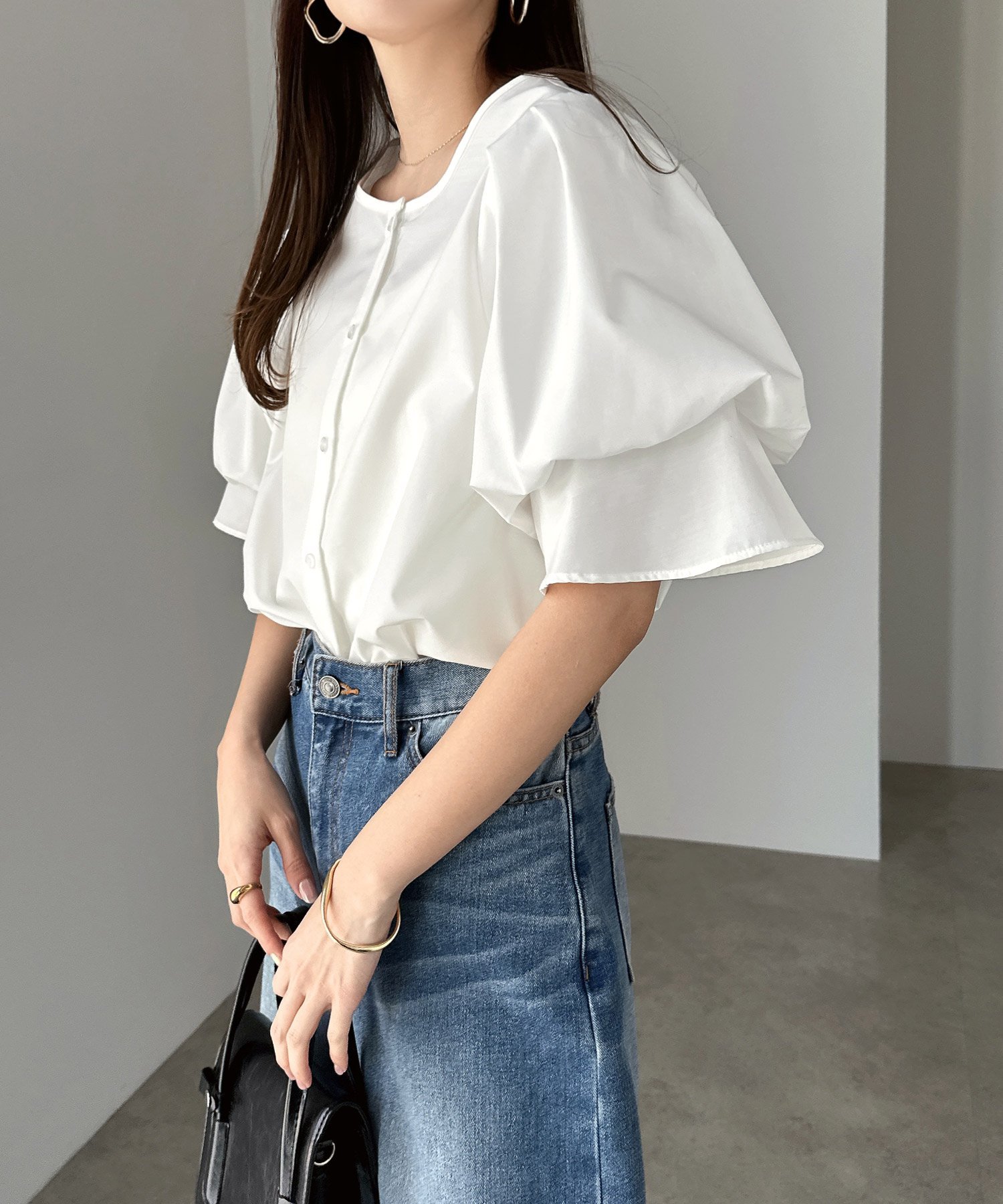 andme 2way バルーンスリーブ シャツ ブラウス アンドミー トップス シャツ・ブラウス ブラック ホワイト【送料無料】のサムネイル