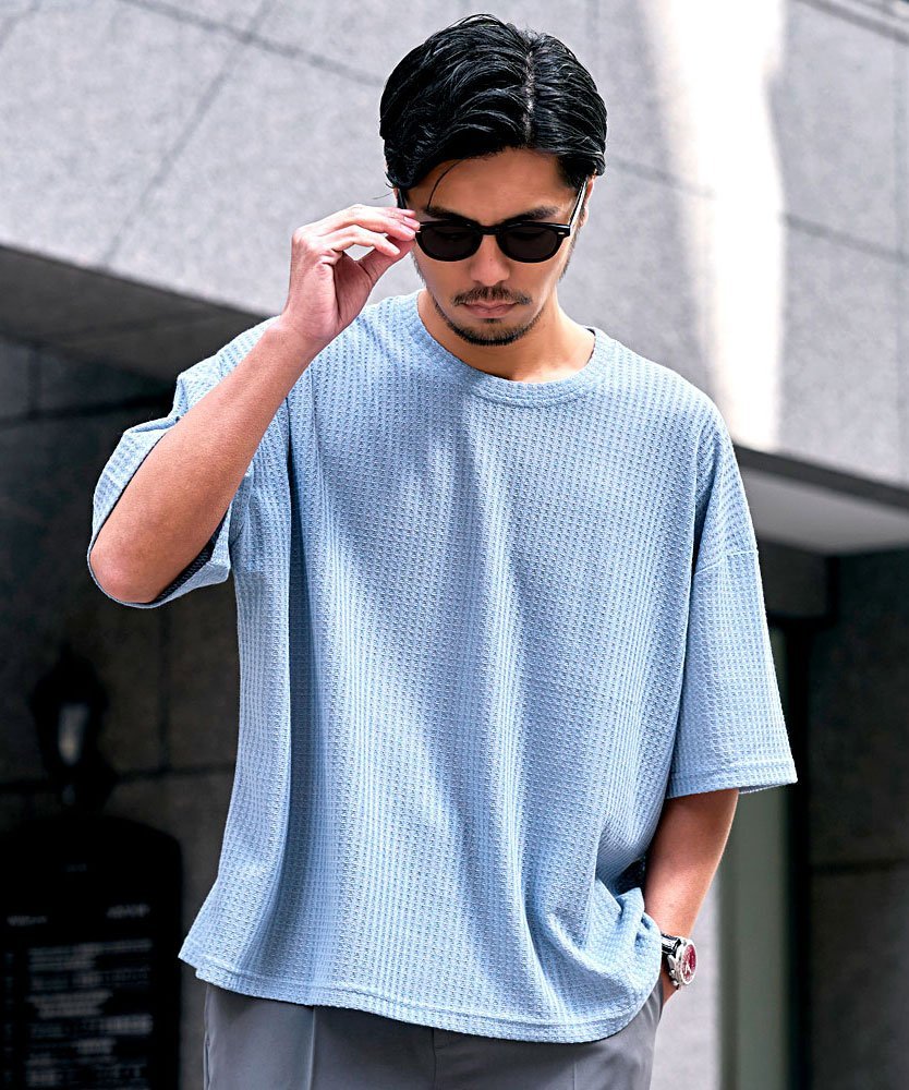 CavariA ワッフル調半袖クルーネックTシャツ シルバーバレット トップス カットソー・Tシャツ グリーン グレー パープル ブラック ブルー