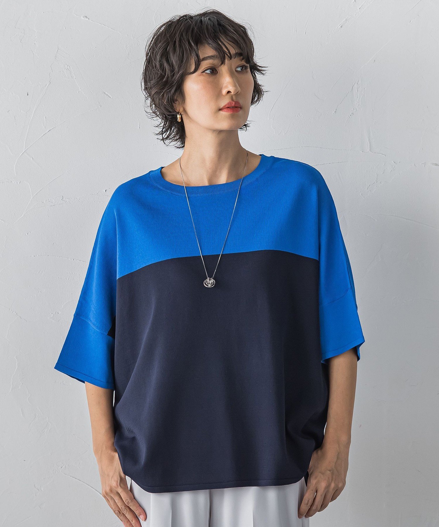 la.f... 【WEB限定】"涼感"バイカラーニット ラ・エフ トップス ニット ブラック ネイビー ブルー ベージュ