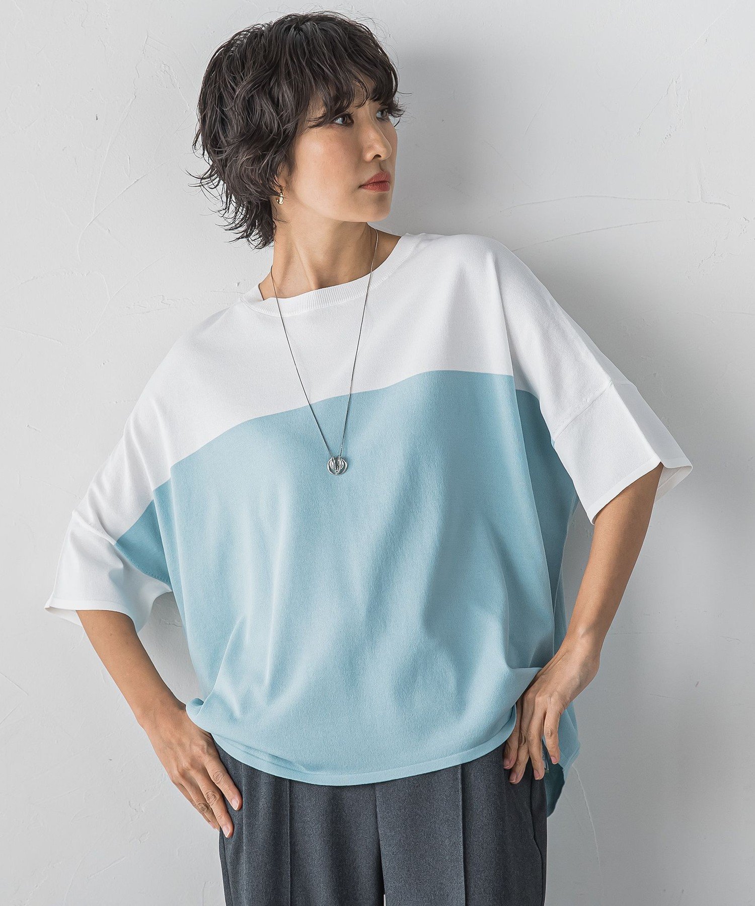 la.f... 【WEB限定】"涼感"バイカラーニット ラ・エフ トップス ニット ブラック ネイビー ブルー ベージュ