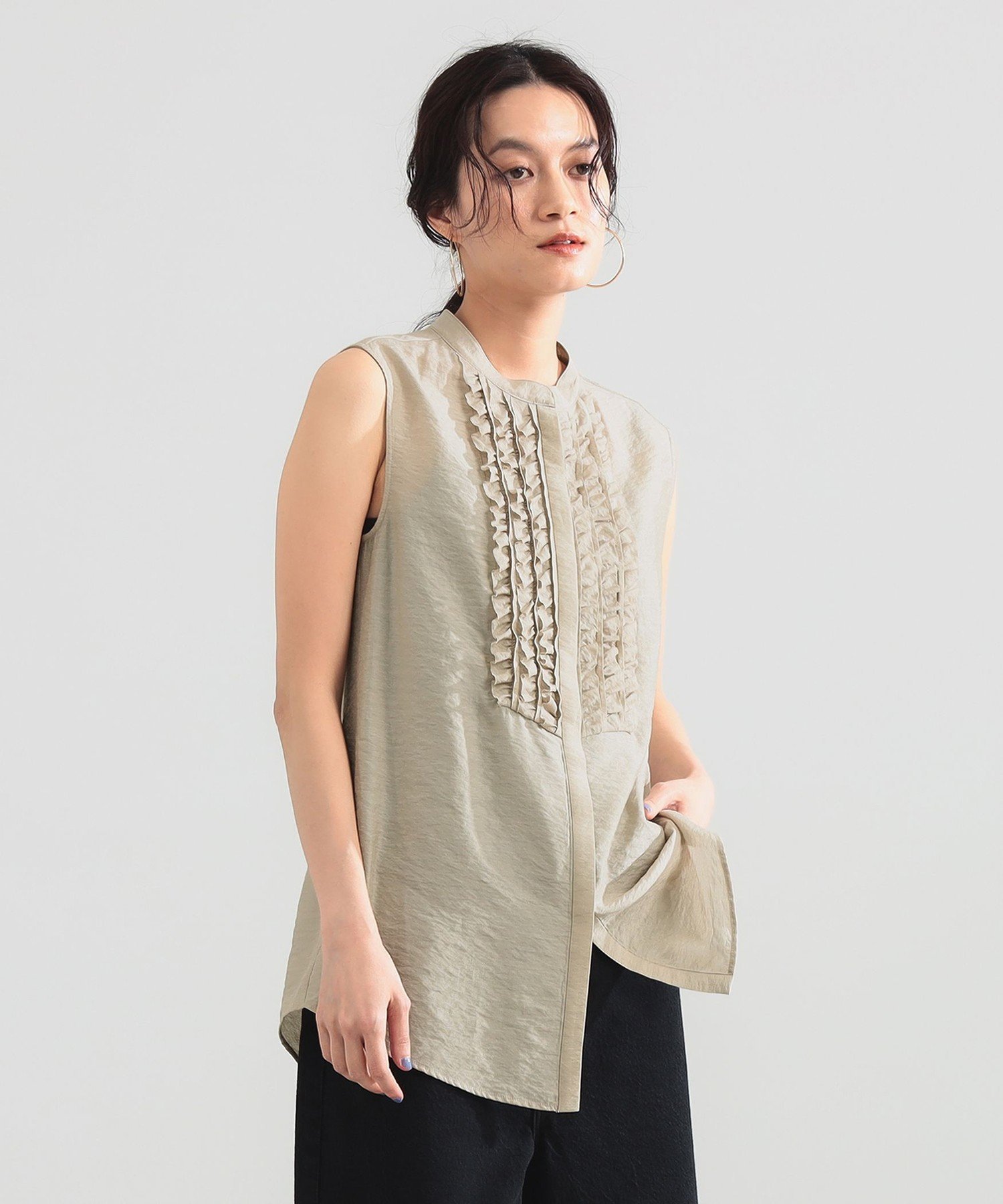 Demi-Luxe BEAMS レーヨンリネン フリルヨーク ブラウス デミルクス ビームス トップス シャツ・ブラウス ブラック ベージュ【送料無料】