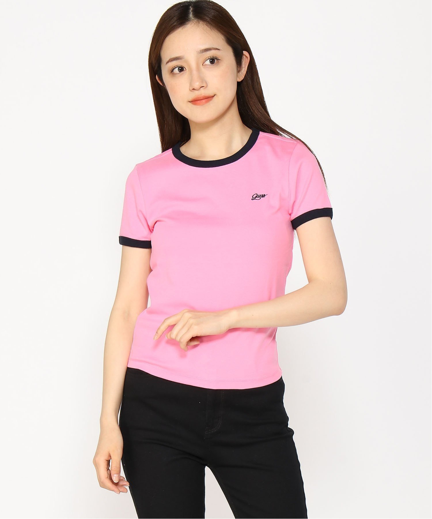 GUESS Tシャツ (W)Point Color Tee ゲス トップス カットソー・Tシャツ ホワイト ネイビー ピンク