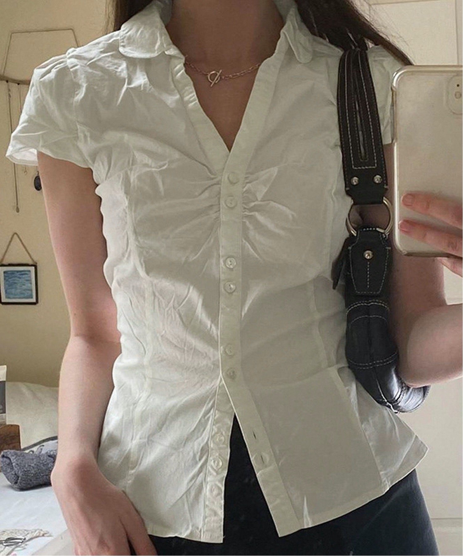 HALEY PESCA HALEY PESCA/(W)HALEY PESCA/ギャザー風デザイン タイトミニシャツ チェルカ トップス シャツ・ブラウス ホワイト ブラック