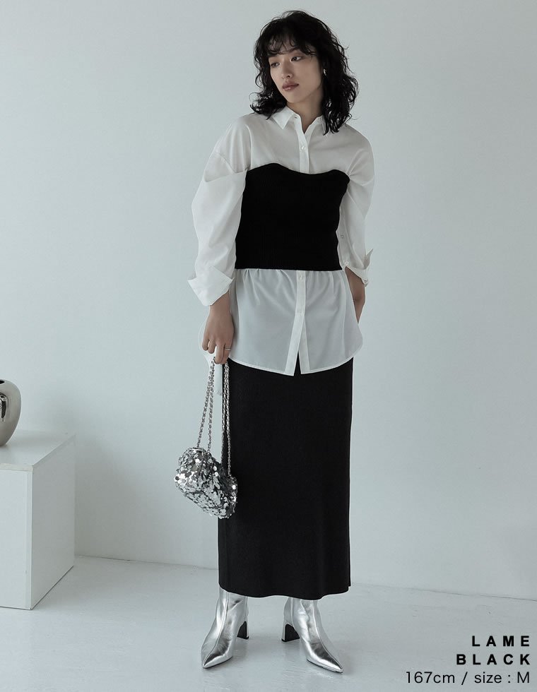 【SALE／40%OFF】Re:EDIT 前後2WAYラメリブニットナロースカート リエディ スカート ロング・マキシスカート ブラック シルバー stylife-14877901 Rakuten Fashion サンプル画像3