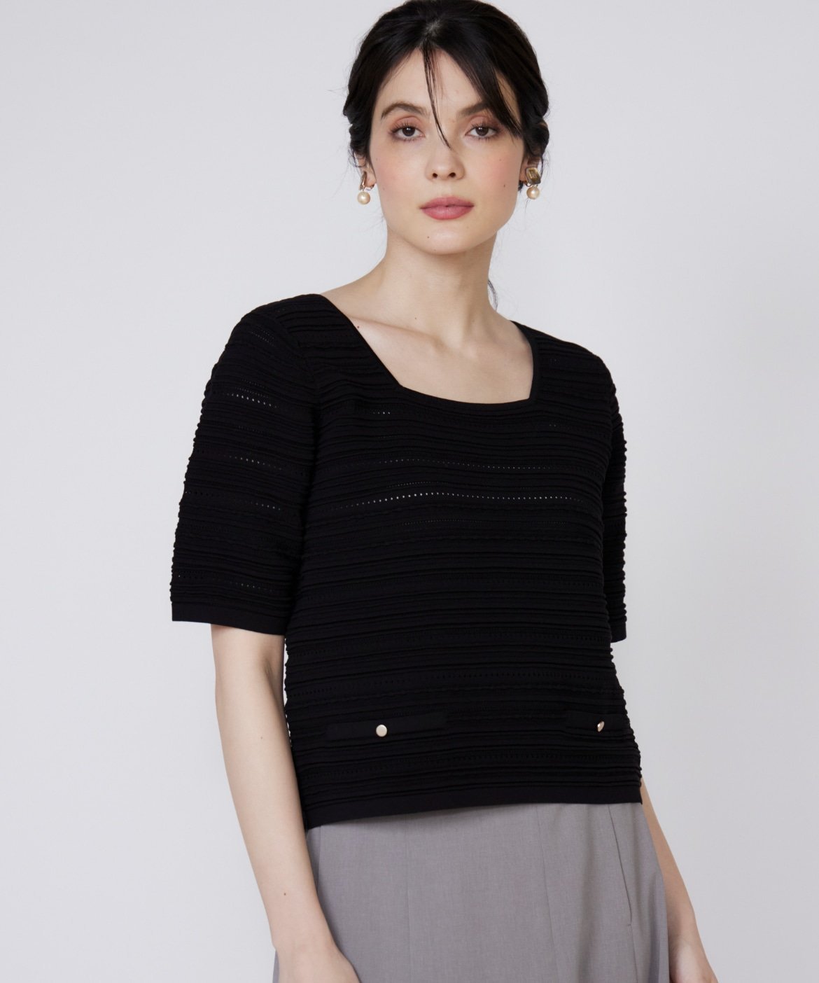 Maglie par ef-de ピンタック柄スクエアプルオーバー マーリエ ル カセット トップス ニット パープル ブラック