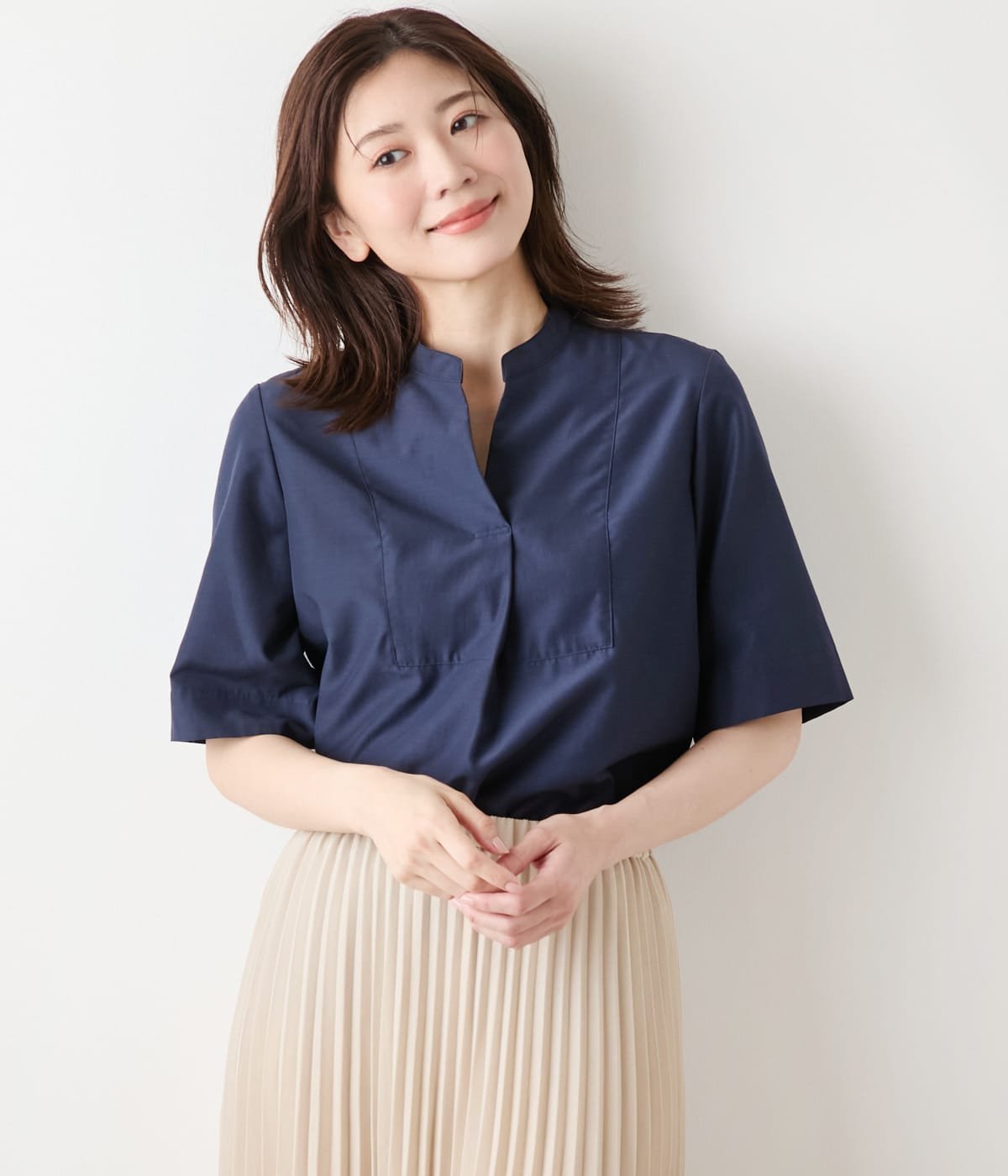 NEWYORKER WOMEN TCライトタンブラー 5分袖ビブフロントスキッパーシャツ ニューヨーカー トップス シャツ・ブラウス ネイビー ブラウン