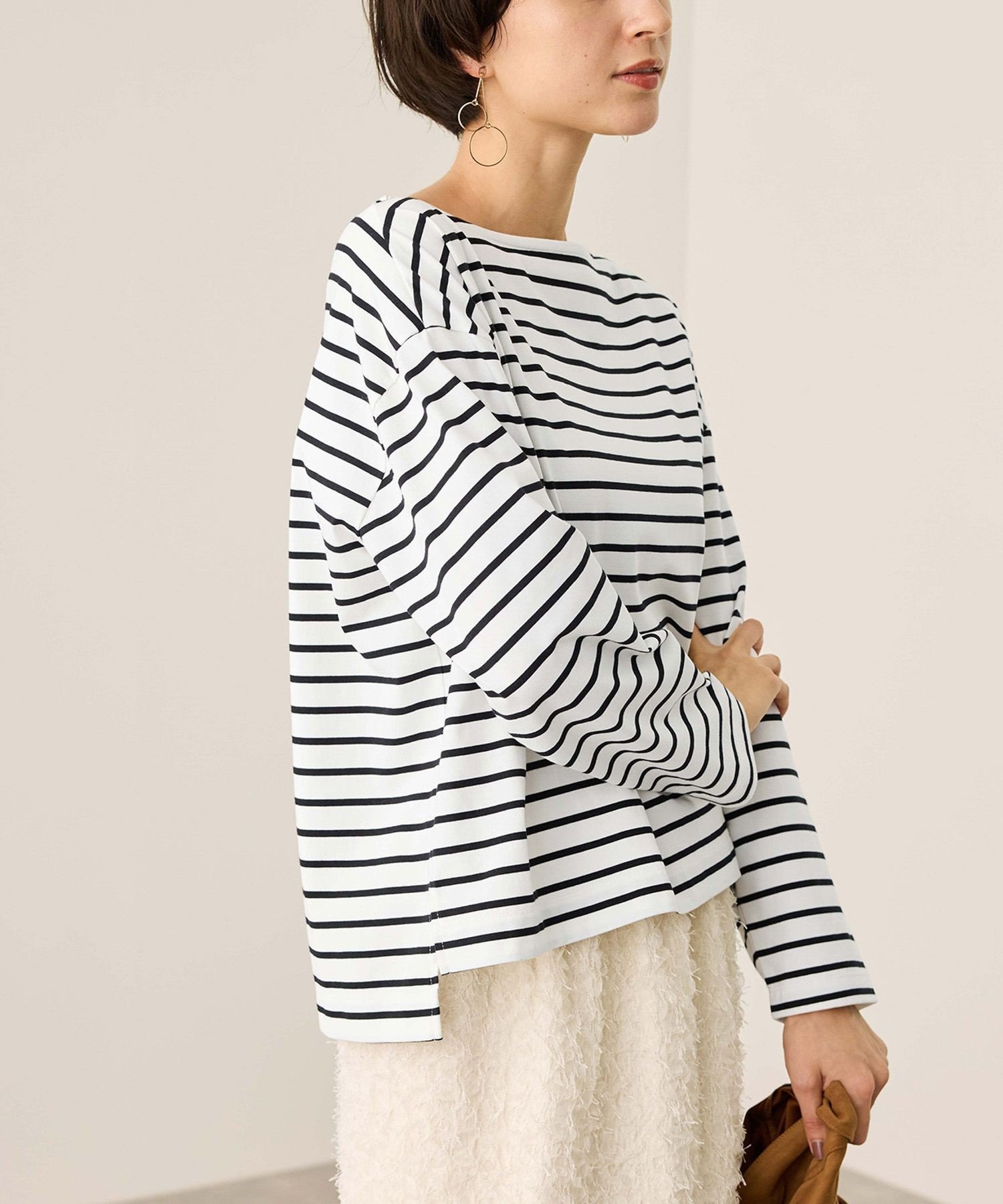 【SALE／30%OFF】ROPE' PICNIC ボックスシルエットボーダーカットソー ロペピクニック トップス カットソー・Tシャツ ネイビー ブラウン ブラック
