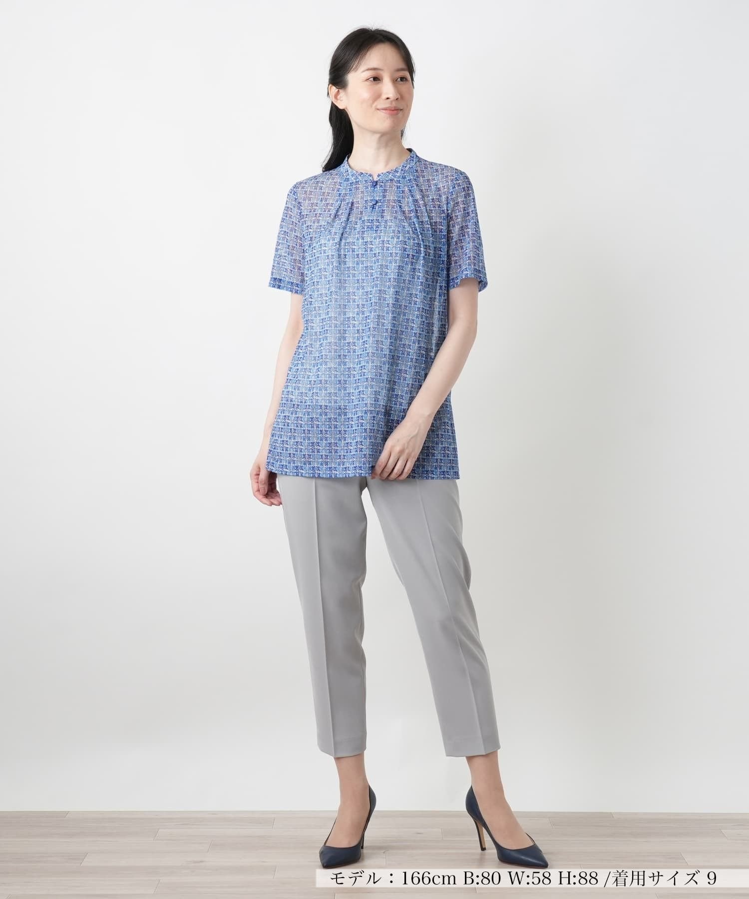 Leilian 幾何学柄スタンドカラーカットソー【ROCHAS Premiere】【ERICA】 レリアン トップス カットソー・Tシャツ ブルー