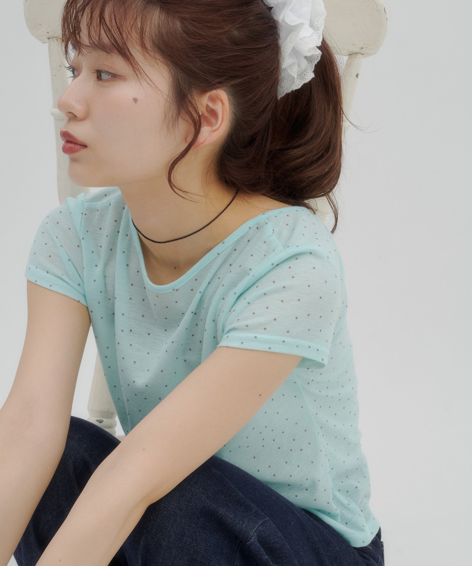 【umm.】衿ギャザー半袖ドットプルオーバー ディスコート トップス カットソー・Tシャツ ホワイト グリーン ブラック
