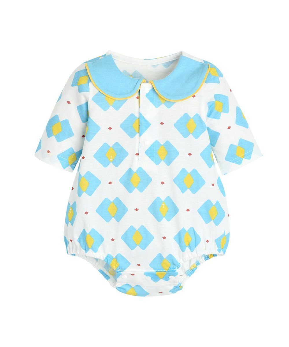 【SALE／50%OFF】moimoln 【モダールコットン】ブルーダイヤ柄ロンパース&帽子 モイモルン マタニティウェア・ベビー用品 ロンパース・カバーオール ブルー 2